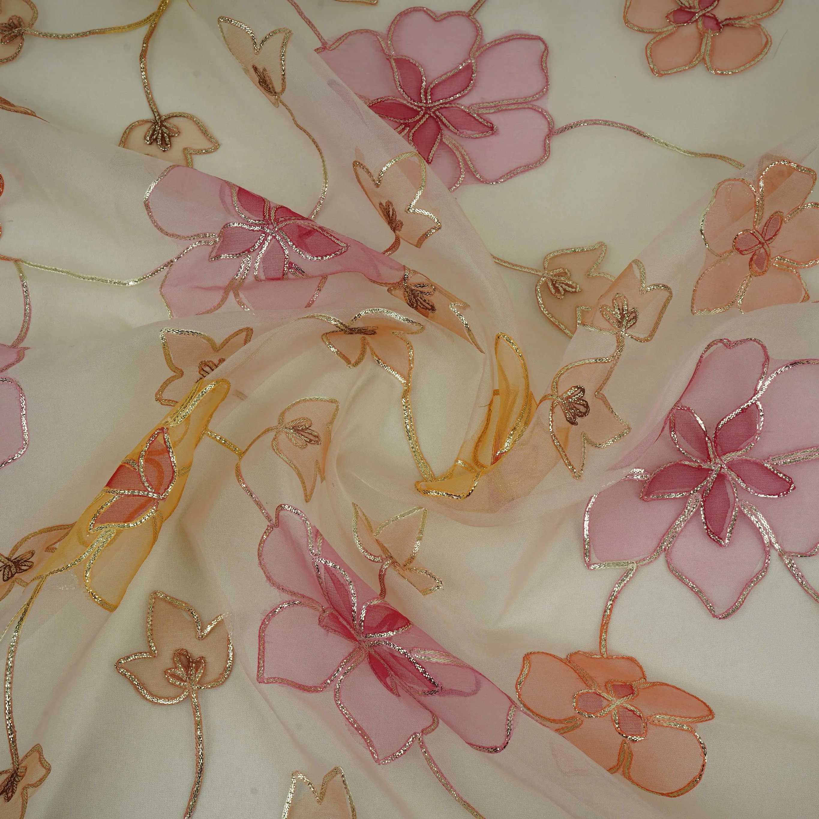 Cream Applique Work Organza Fabric SGS-32112 - Image 3
