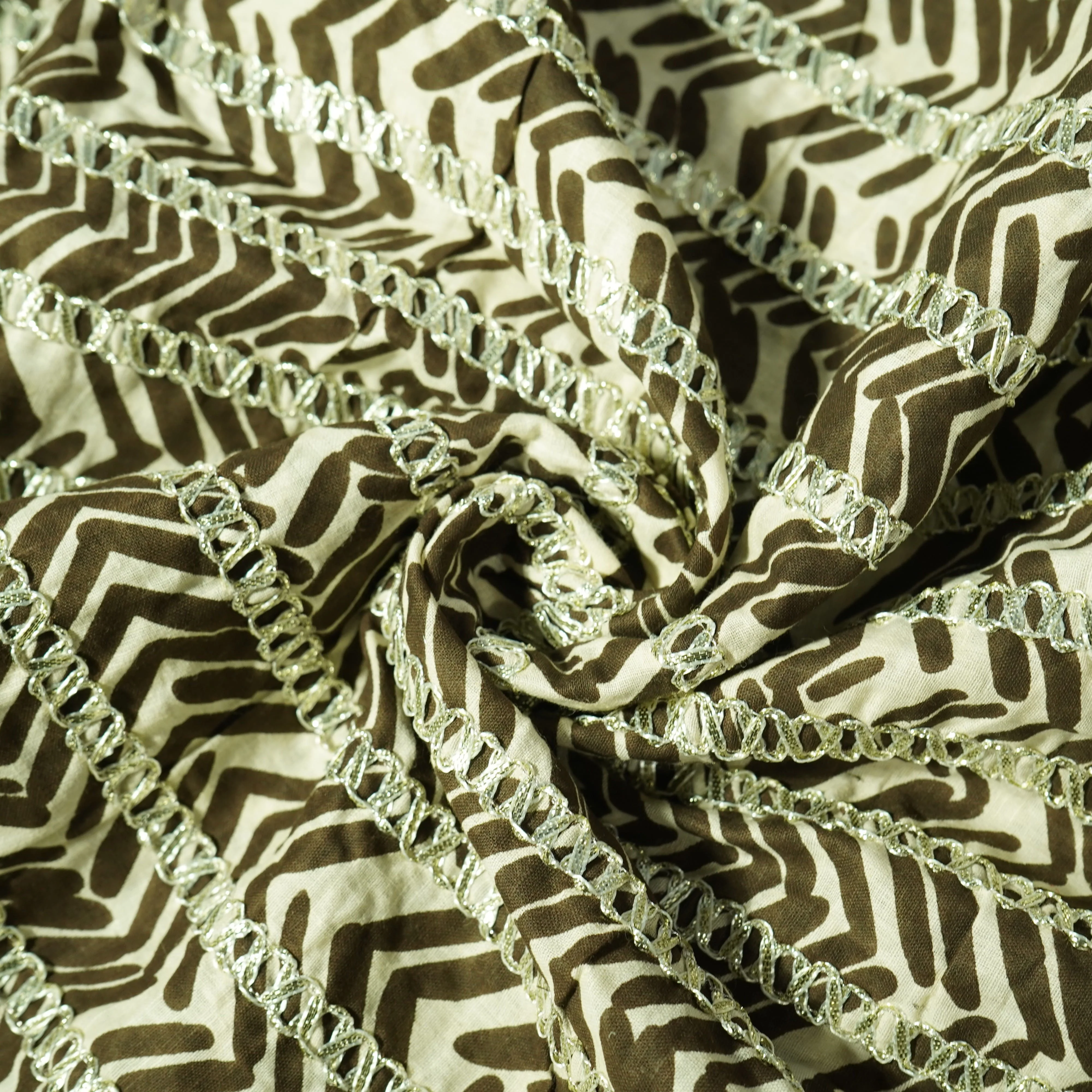 Cream Brown Chevron Print Gota Work Cambric Cotton Fabric 15948