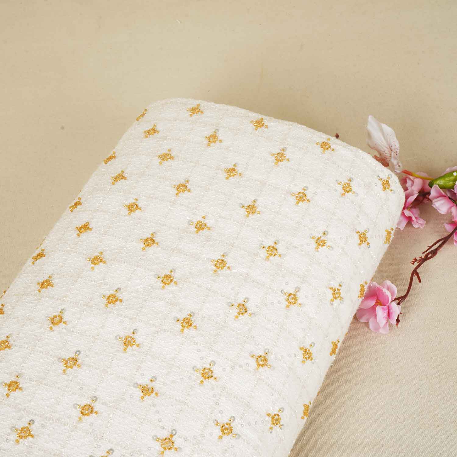 Cream Cutdana Tweed Fabric AF-27967