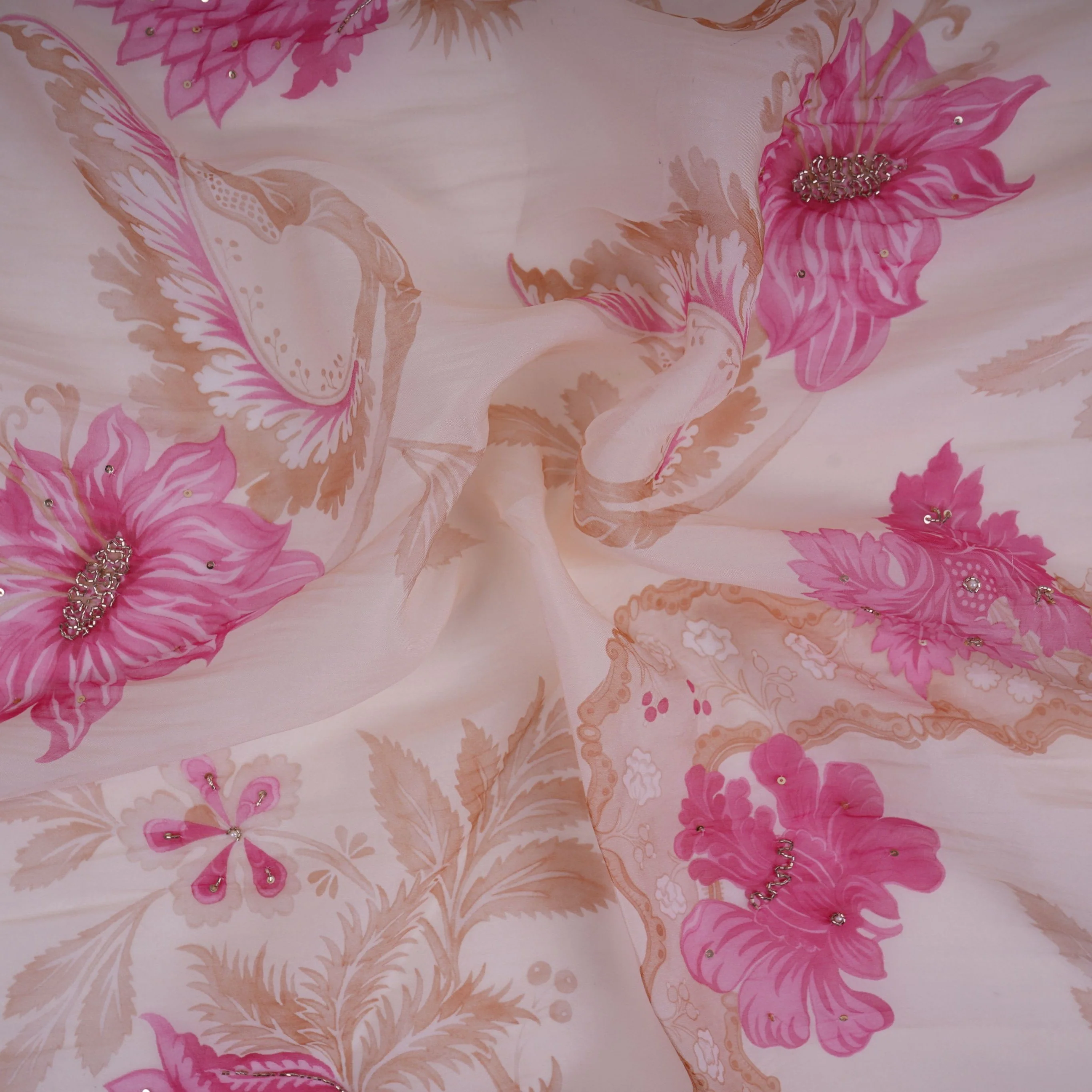Cream Floral Cutdana Embroidery Organza Fabric VF-30626 - Image 2