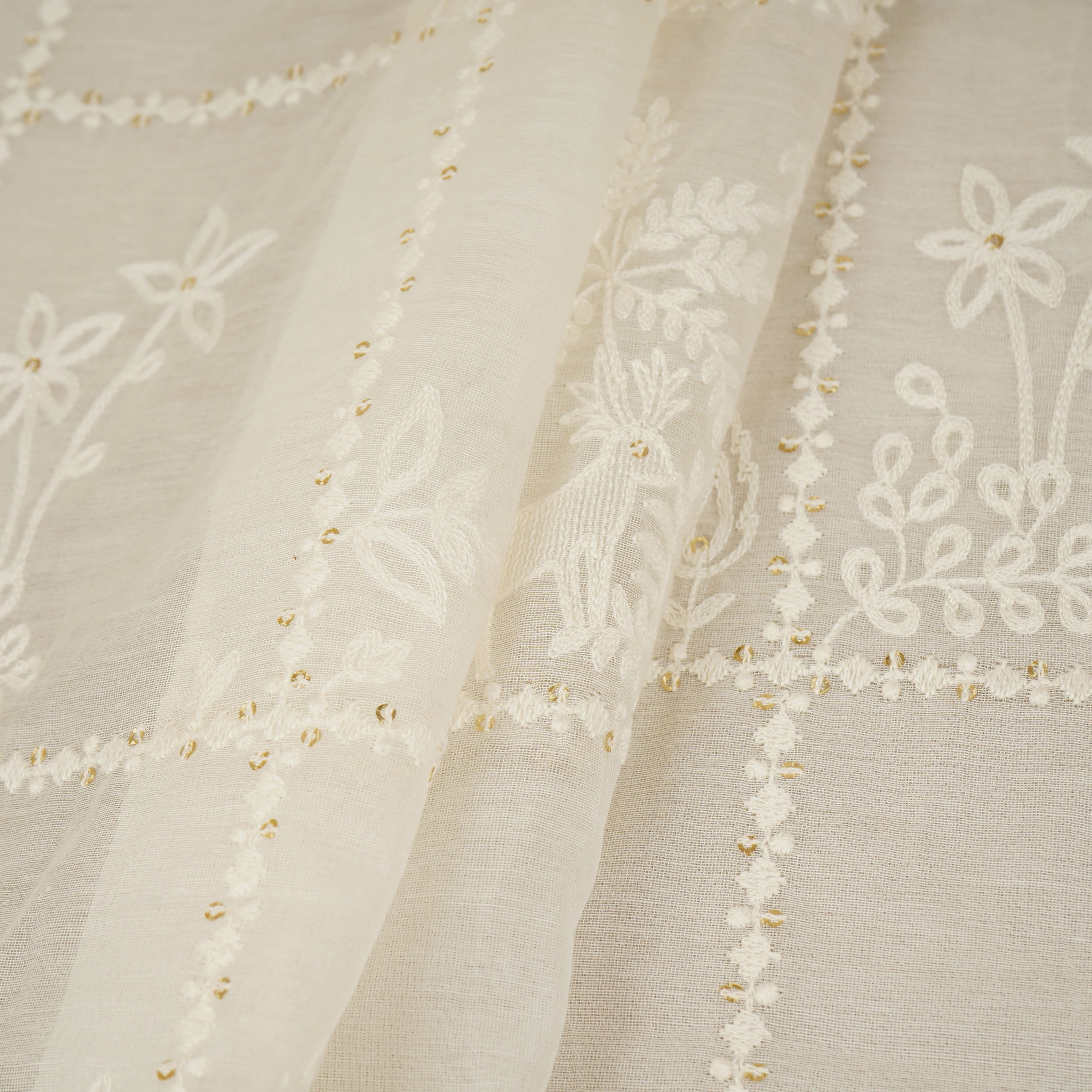 Cream Floral Embroidery Dyeable Chanderi Silk Fabric VI-30073 - Image 4