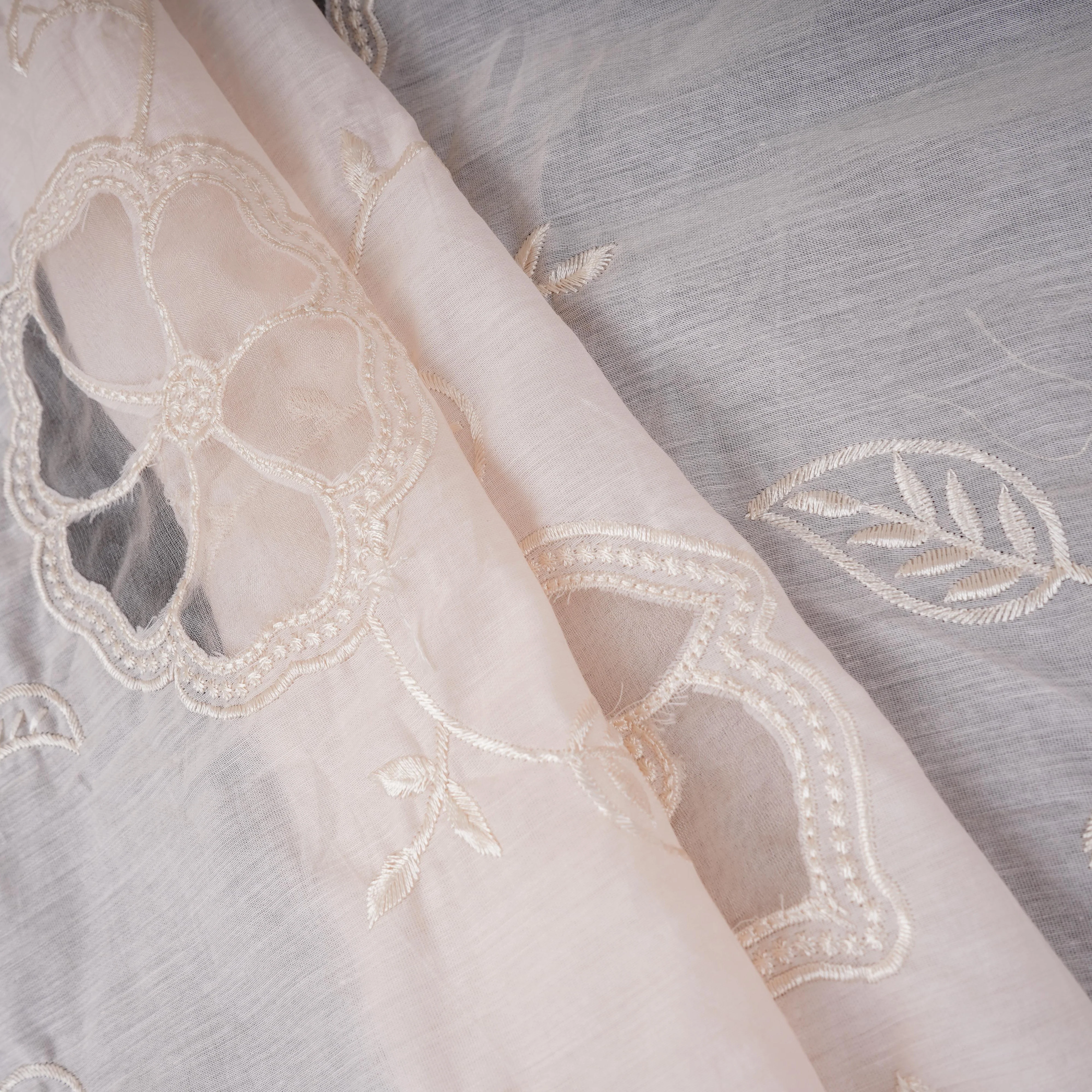Cream Floral Embroidery Mul Chanderi Fabric DC-30519 - Image 4