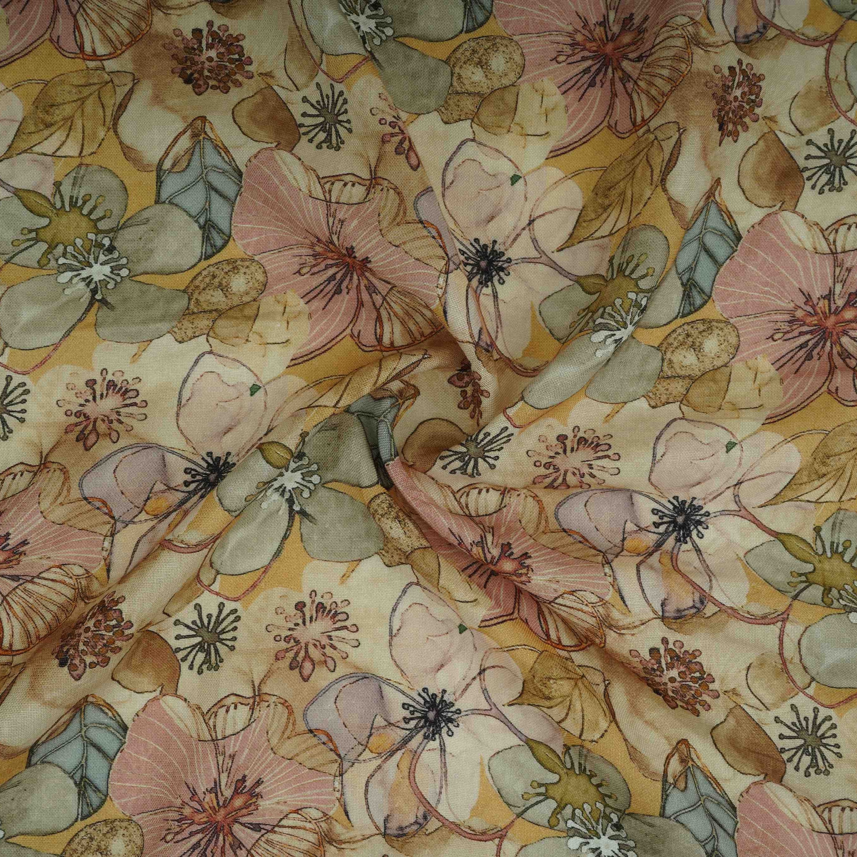 Cream Floral Print Cotton Linen Fabric RT-30972 - Image 3