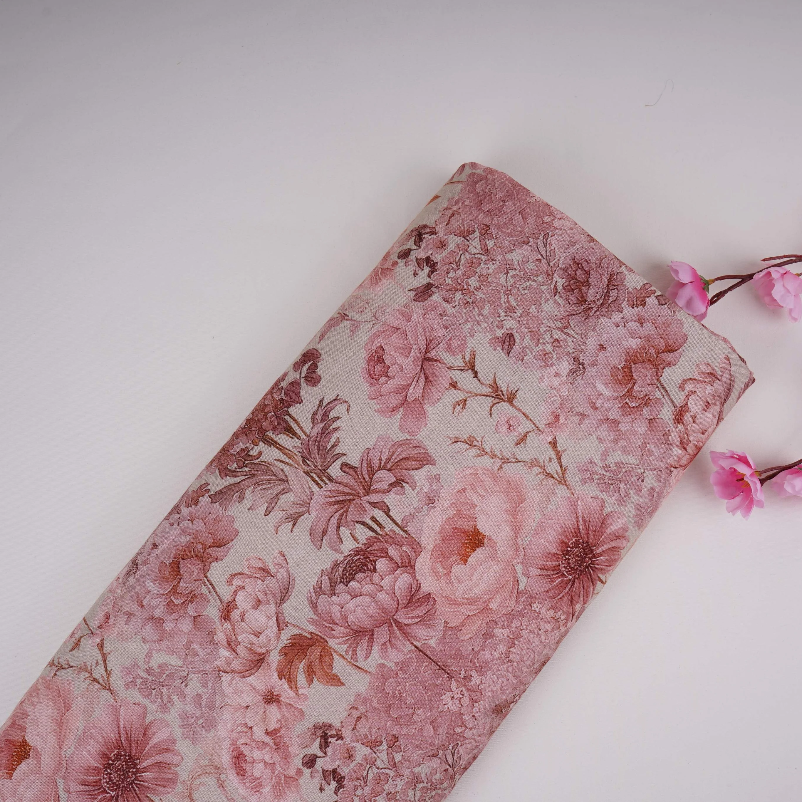 Cream Floral Print Cotton Linen Fabric RT-30978