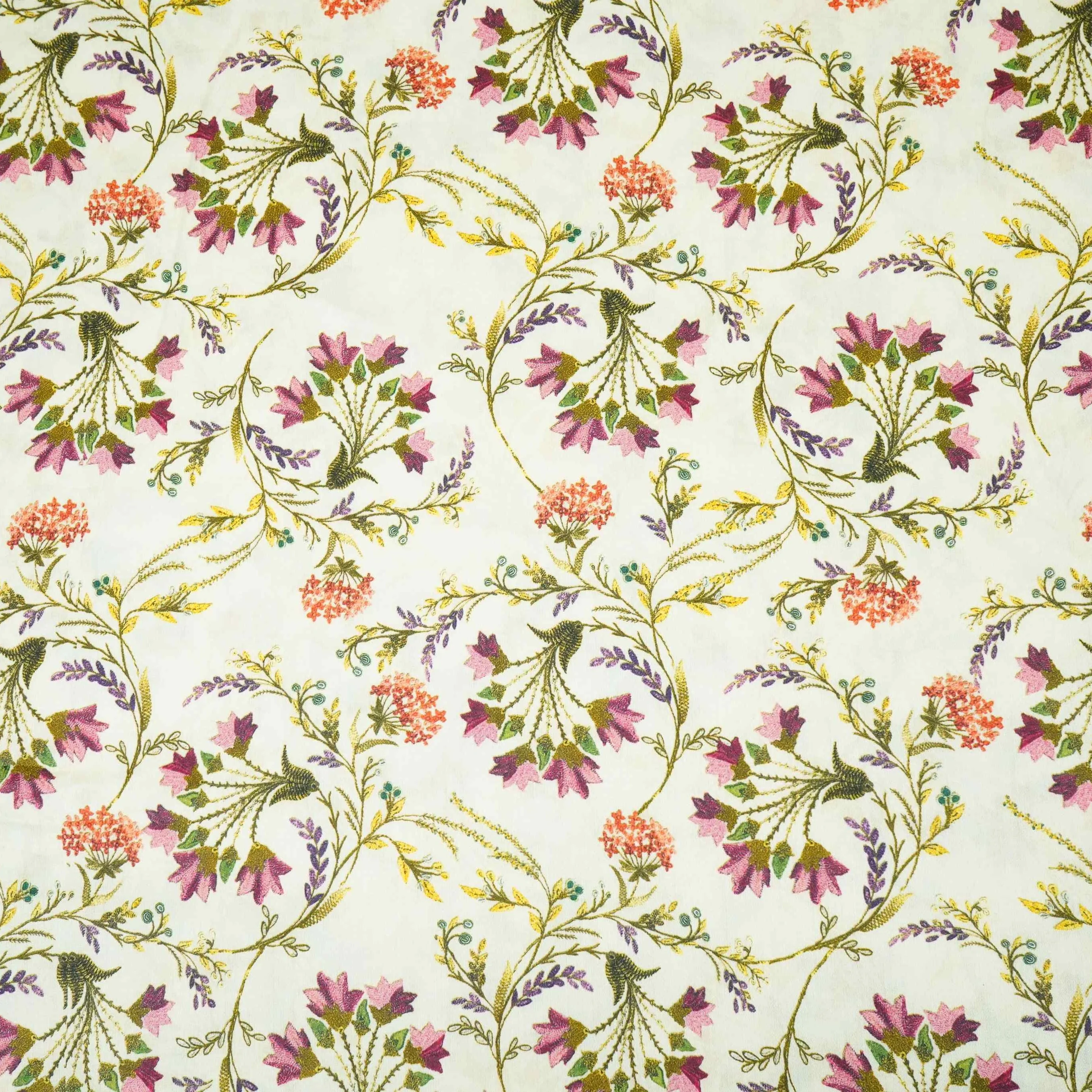 Cream Floral Print Cotton Satin Fabric PG-30393 - Image 2
