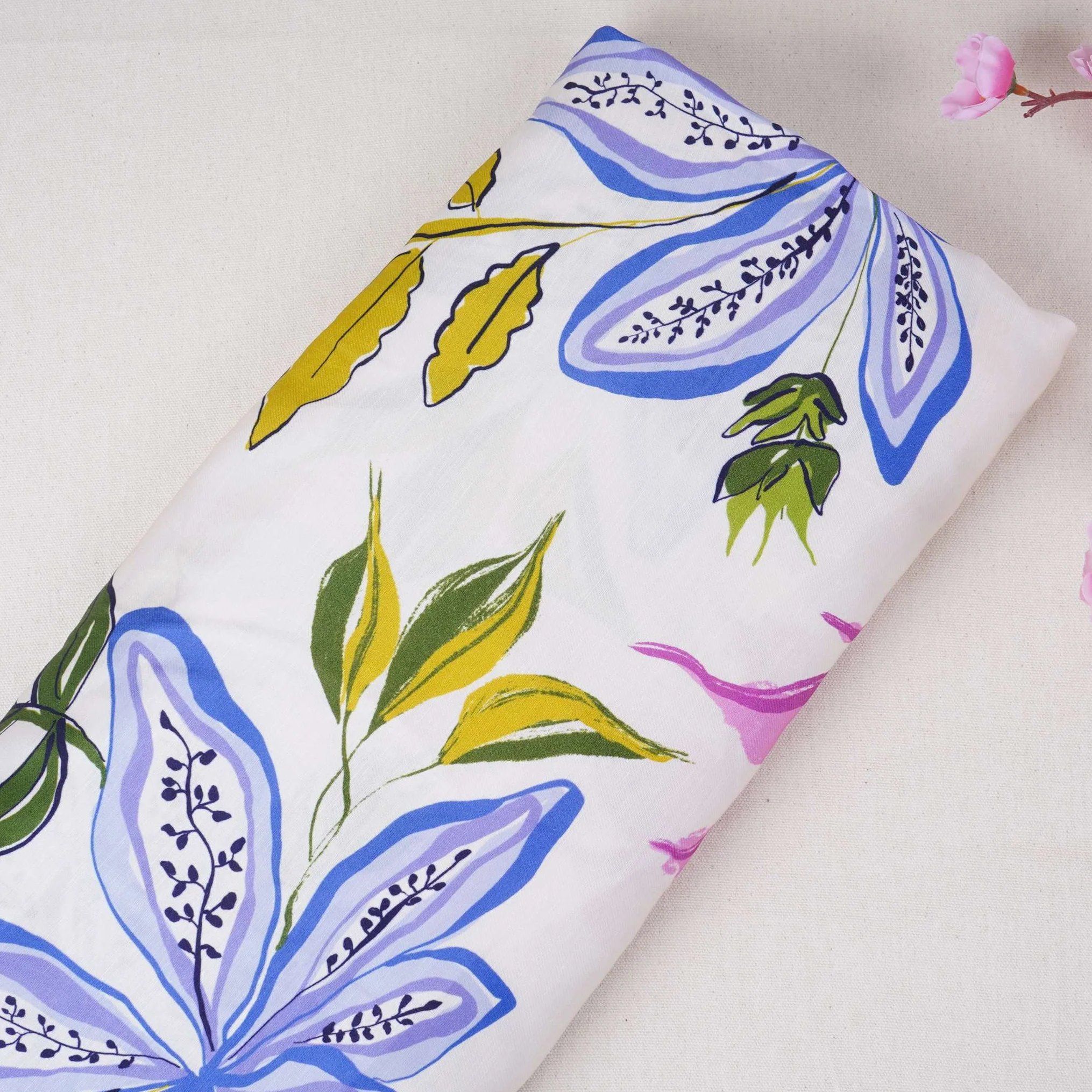 Cream Floral Print Satin Linen Fabric MT-30981