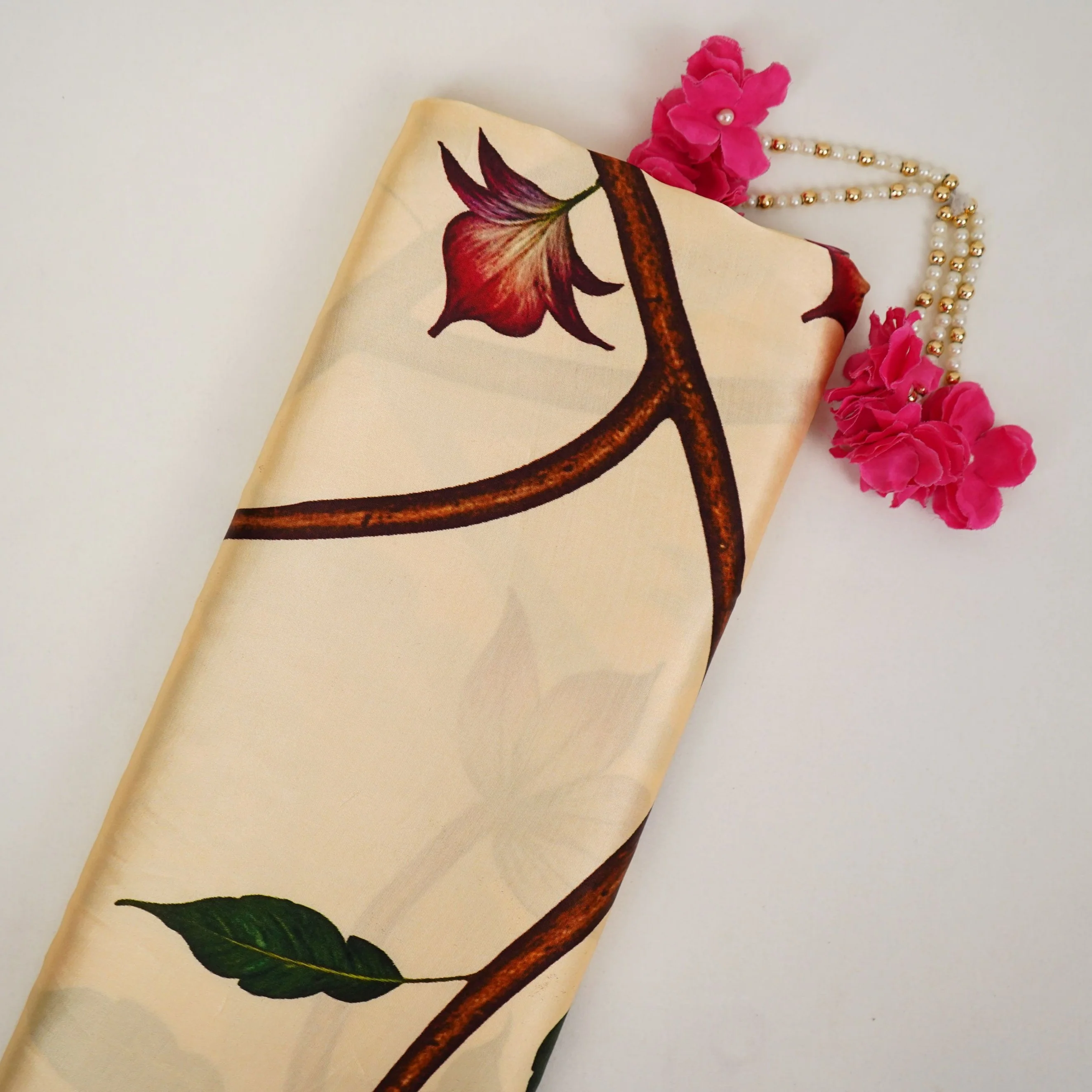 Cream floral print Silk Satin Fabric NVC-31578