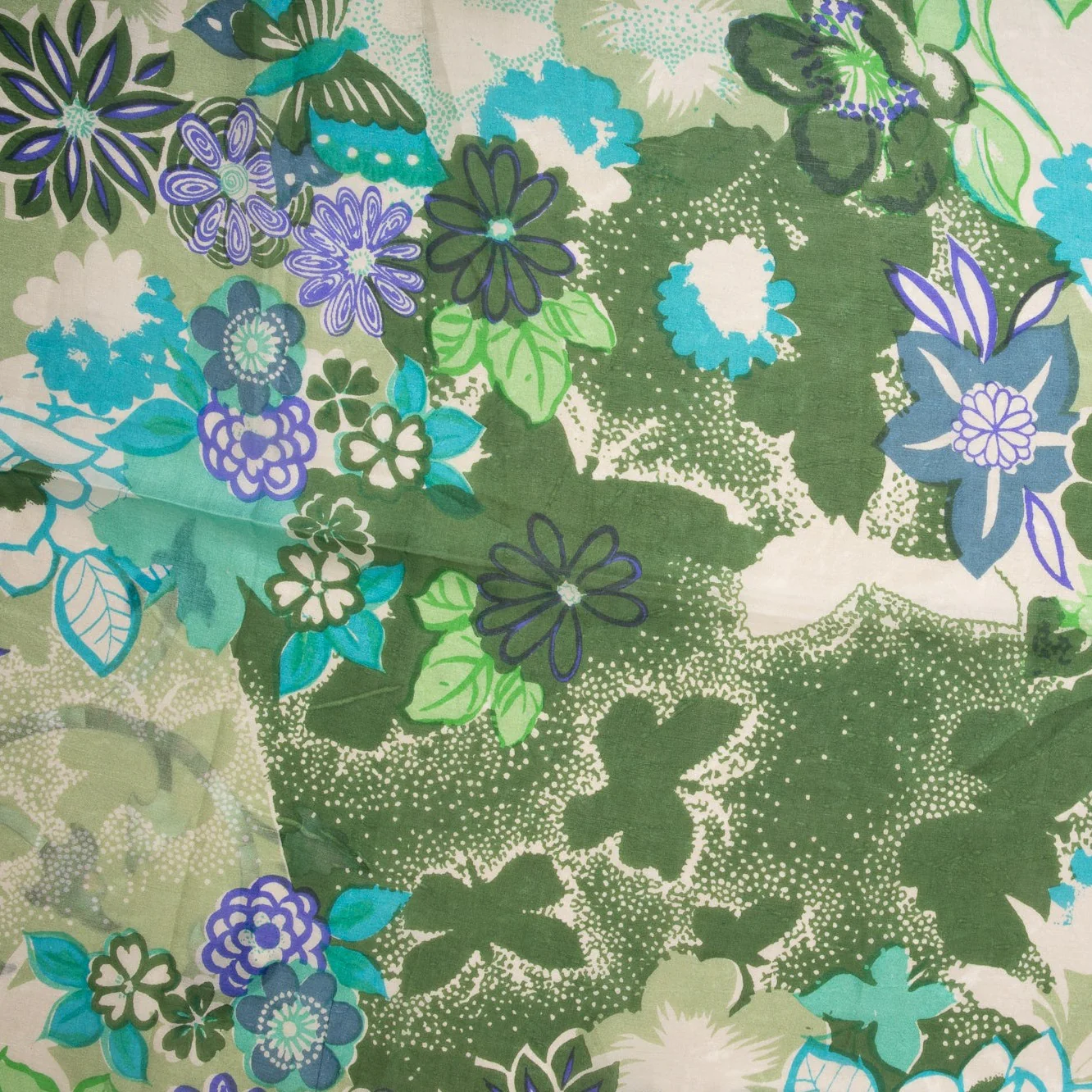 Cream Green Floral Print Tabby Silk Fabric - Image 2