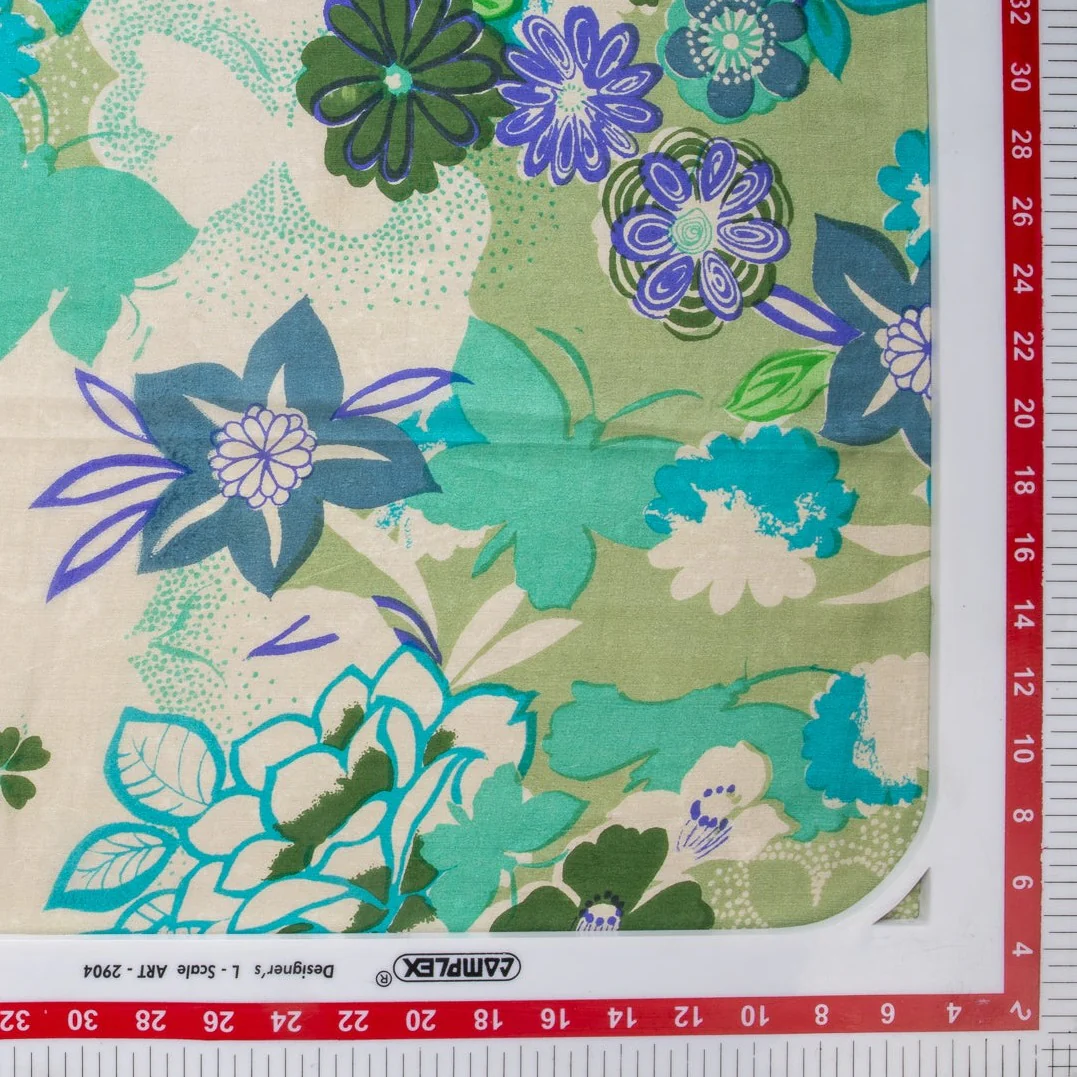 Cream Green Floral Print Tabby Silk Fabric - Image 3