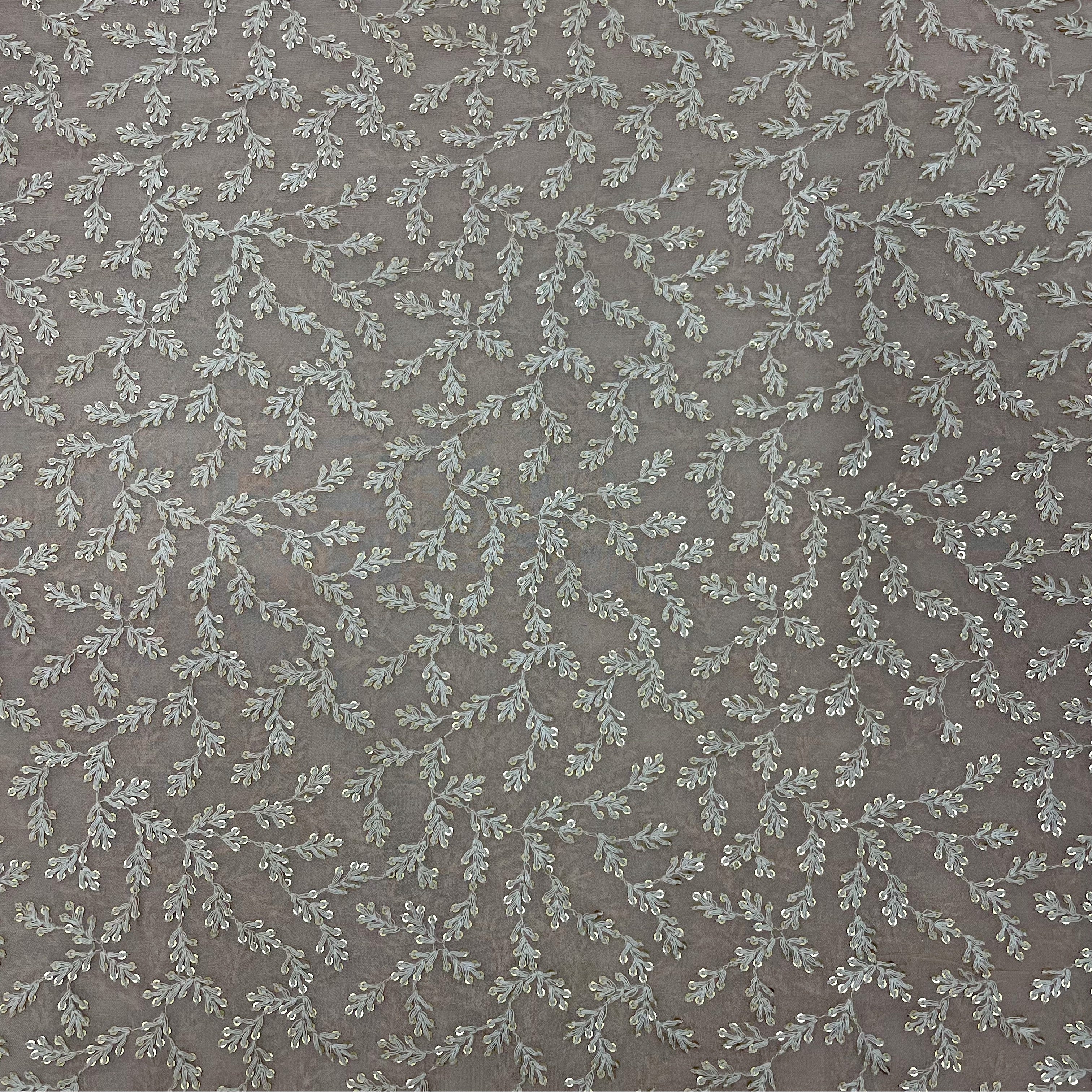 Cream Leaf Embroidery Sequins Georgette Fabric - Image 2