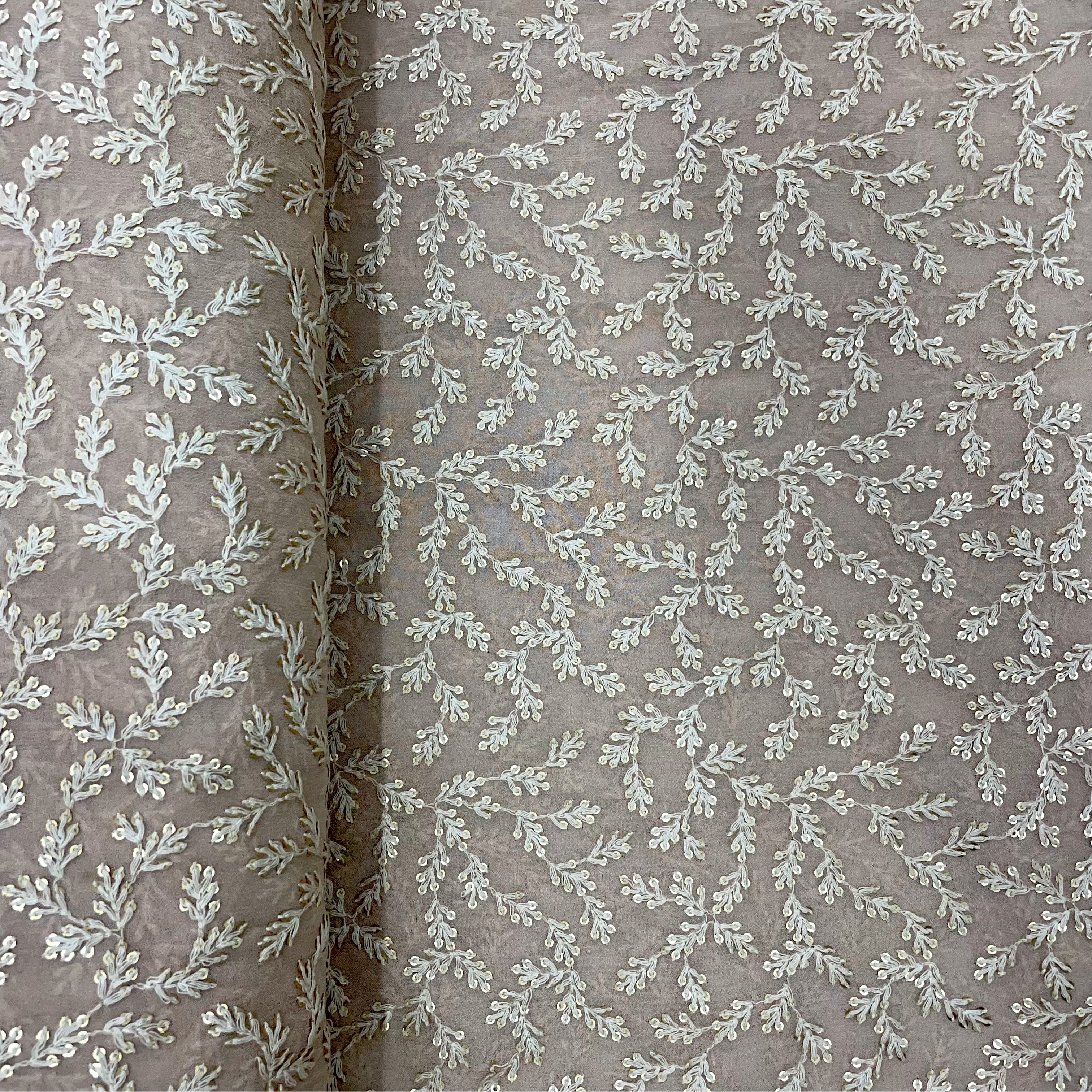Cream Leaf Embroidery Sequins Georgette Fabric - Image 3