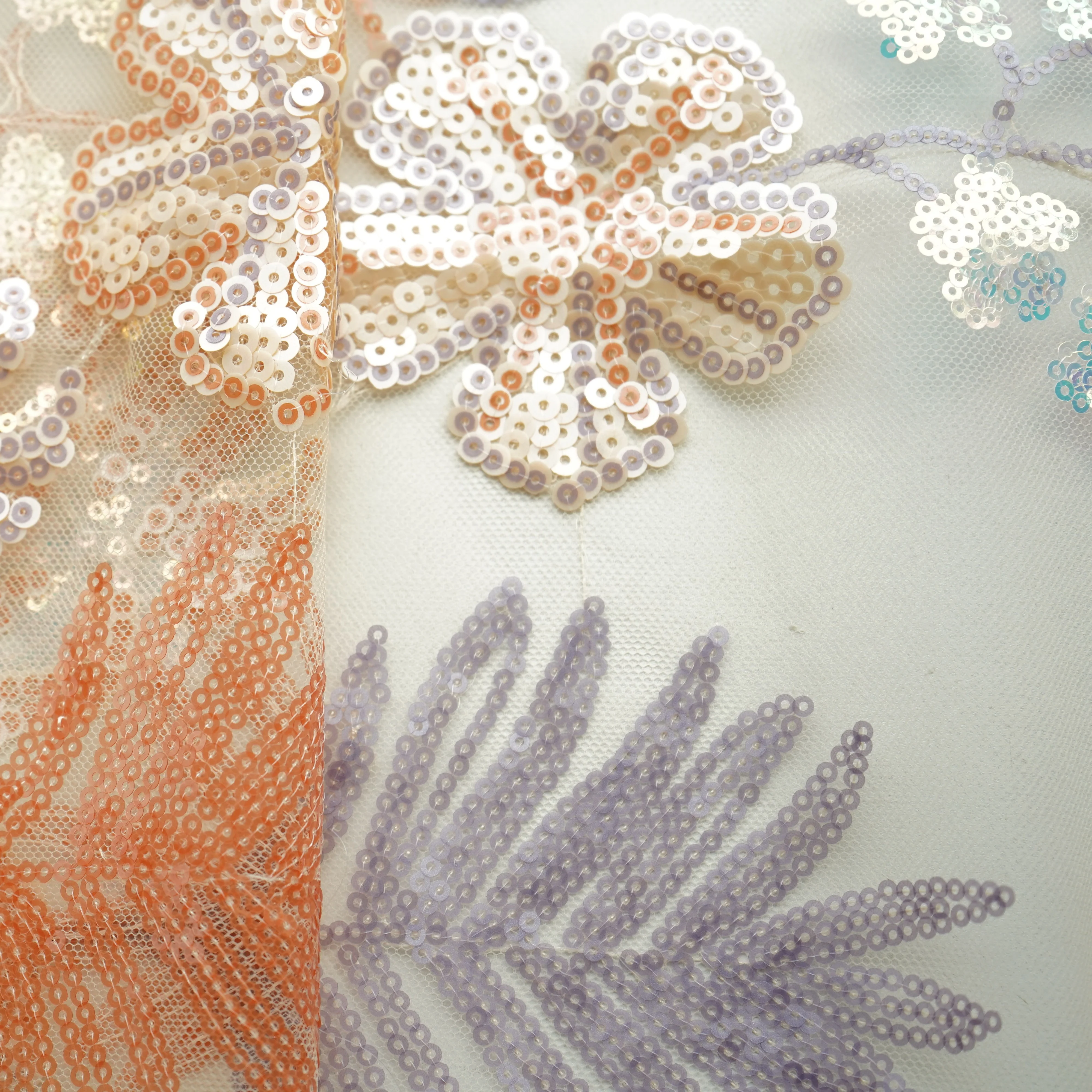 Cream & Orange Floral Imported Sequence Embroidery Net Fabric - Image 2