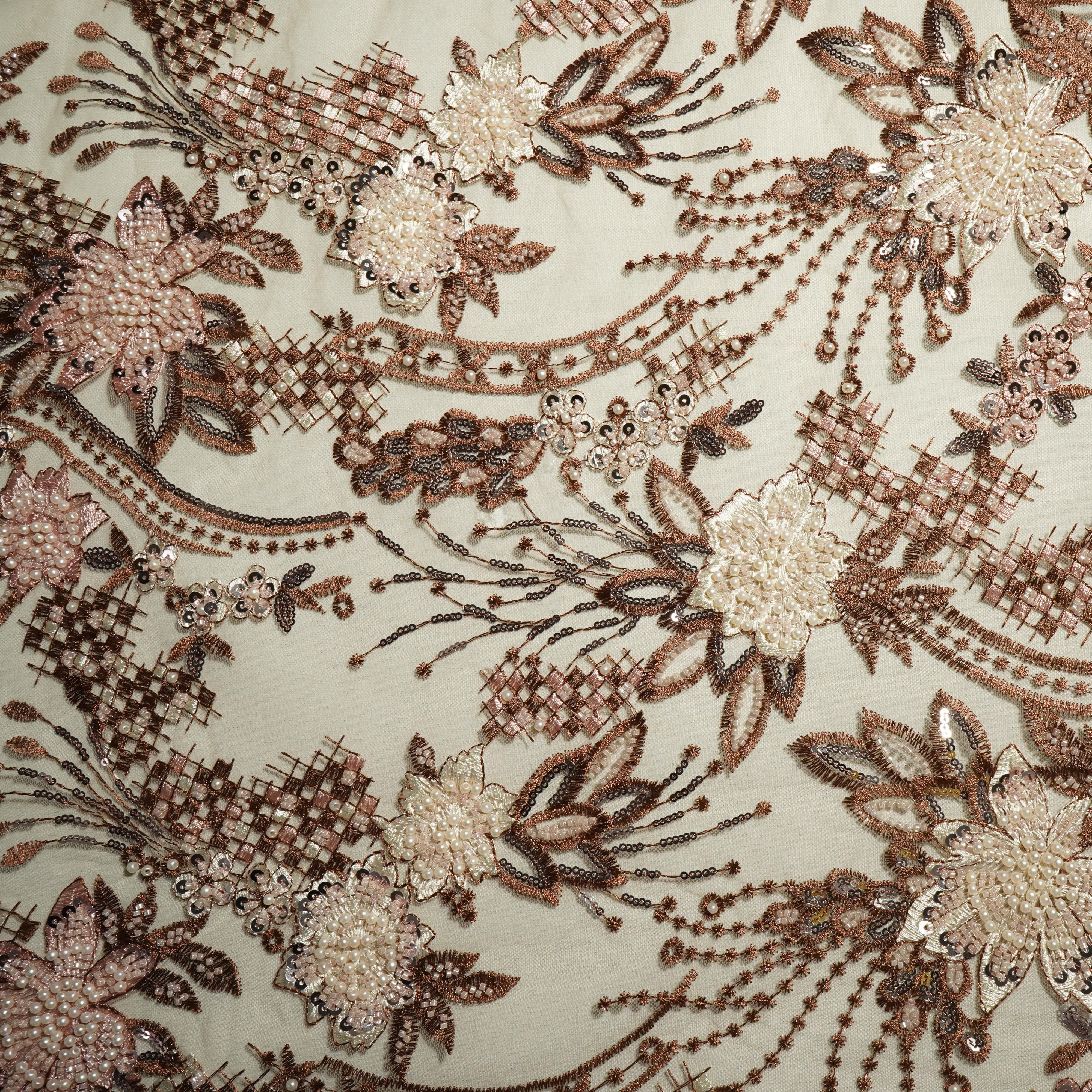 Cream & Pink Floral Pearl & Beads Imported Sequence Embroidery Net Fabric - Image 3