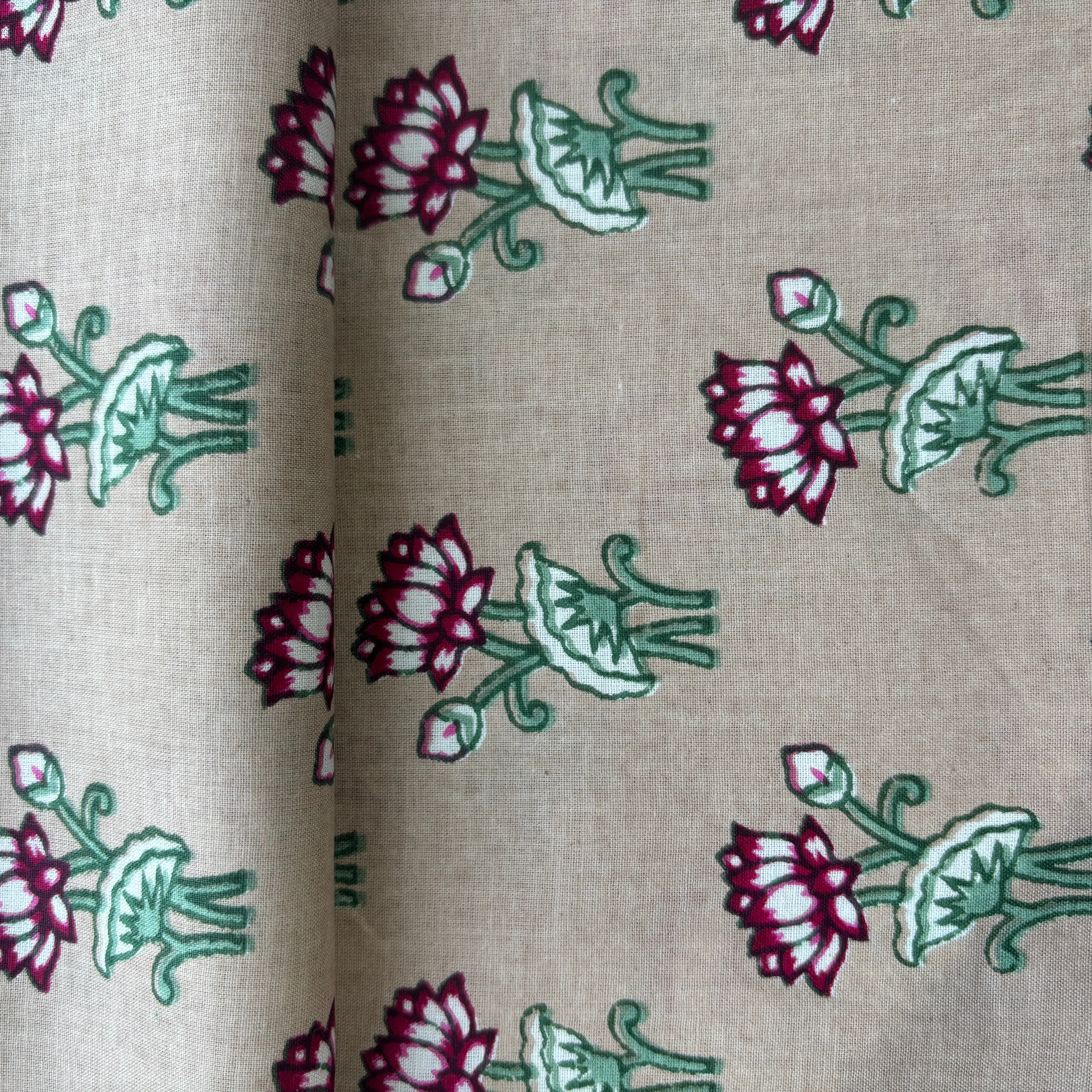 Cream Pink Handblock Print Cotton Fabric - Image 2