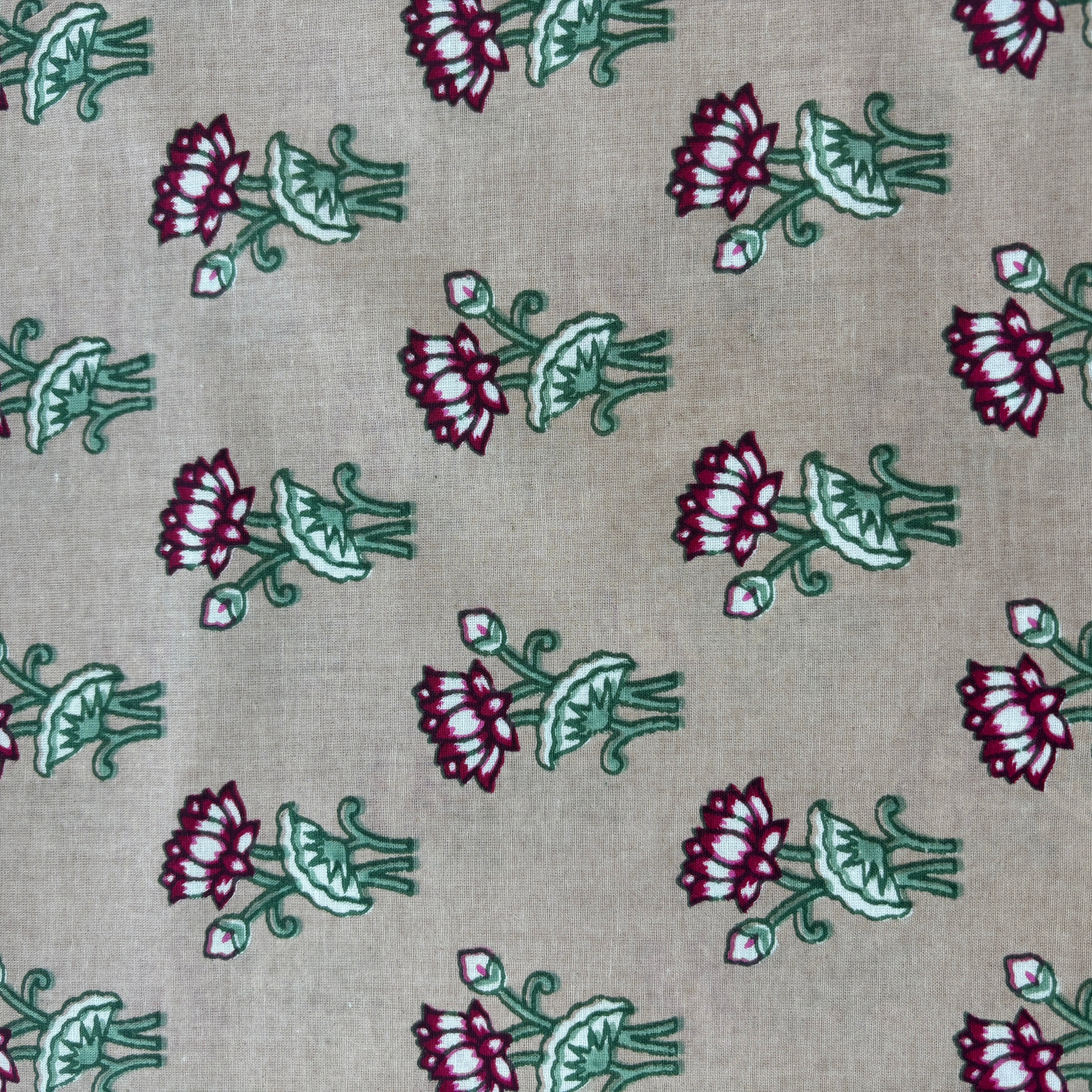 Cream Pink Handblock Print Cotton Fabric - Image 3