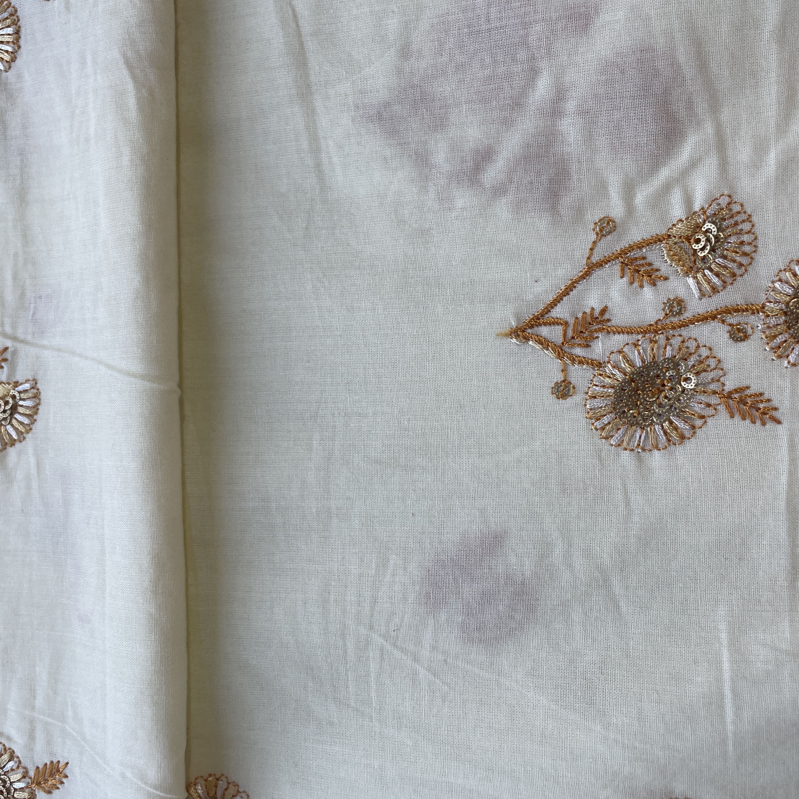 Cream Thread Buti Sequins Embroidery Cotton Fabric 15530 - Image 3