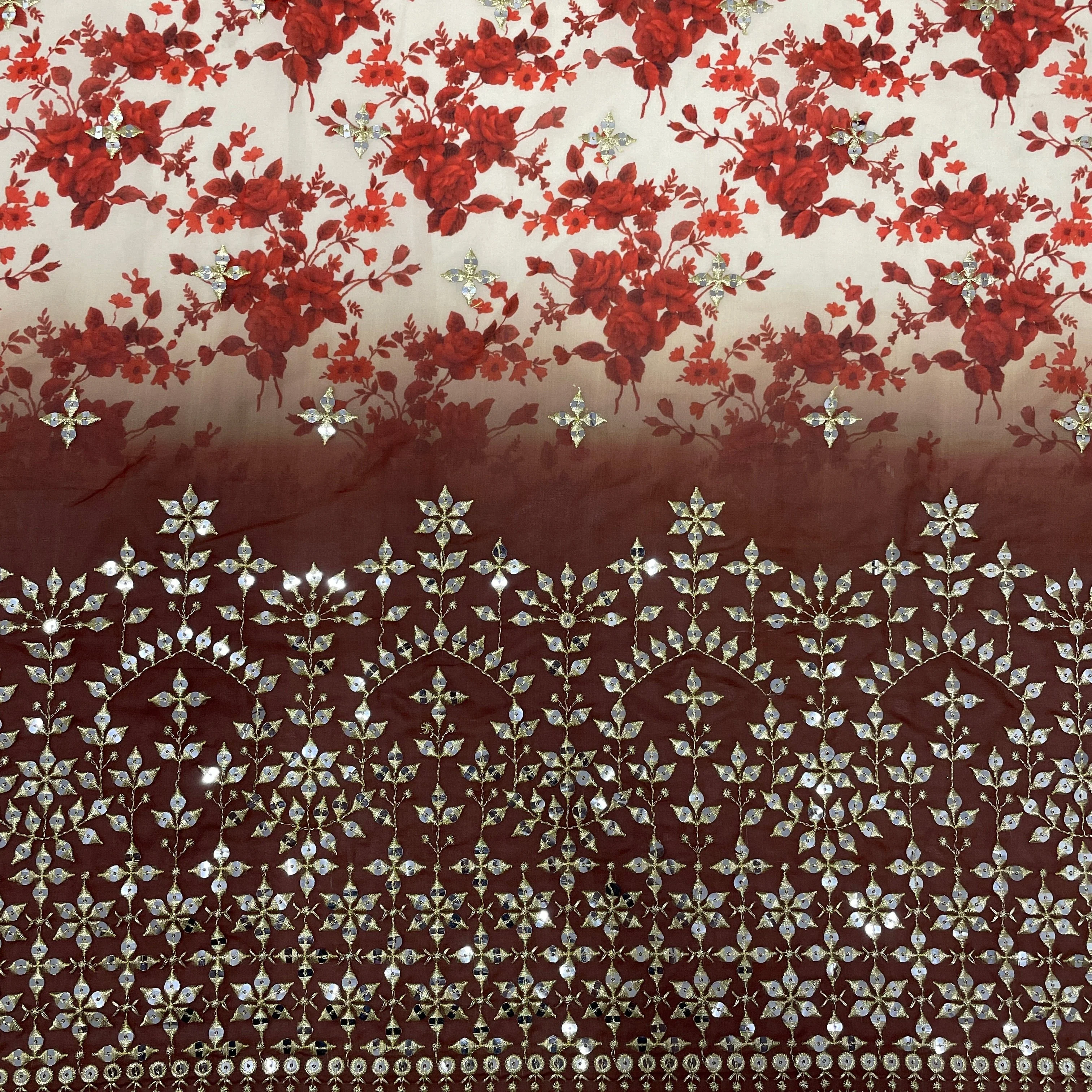 Cream With Brown Ombre Red Floral Embrodiery Georgette Fabric - Image 2