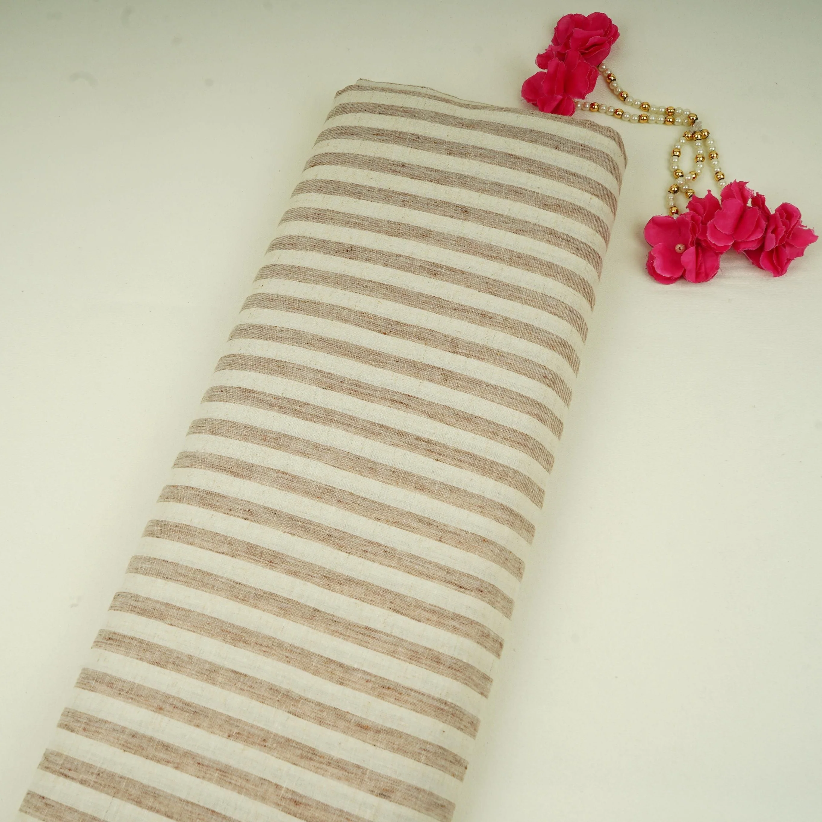 Cream with Brown Stripes Linen Fabric RS-31219