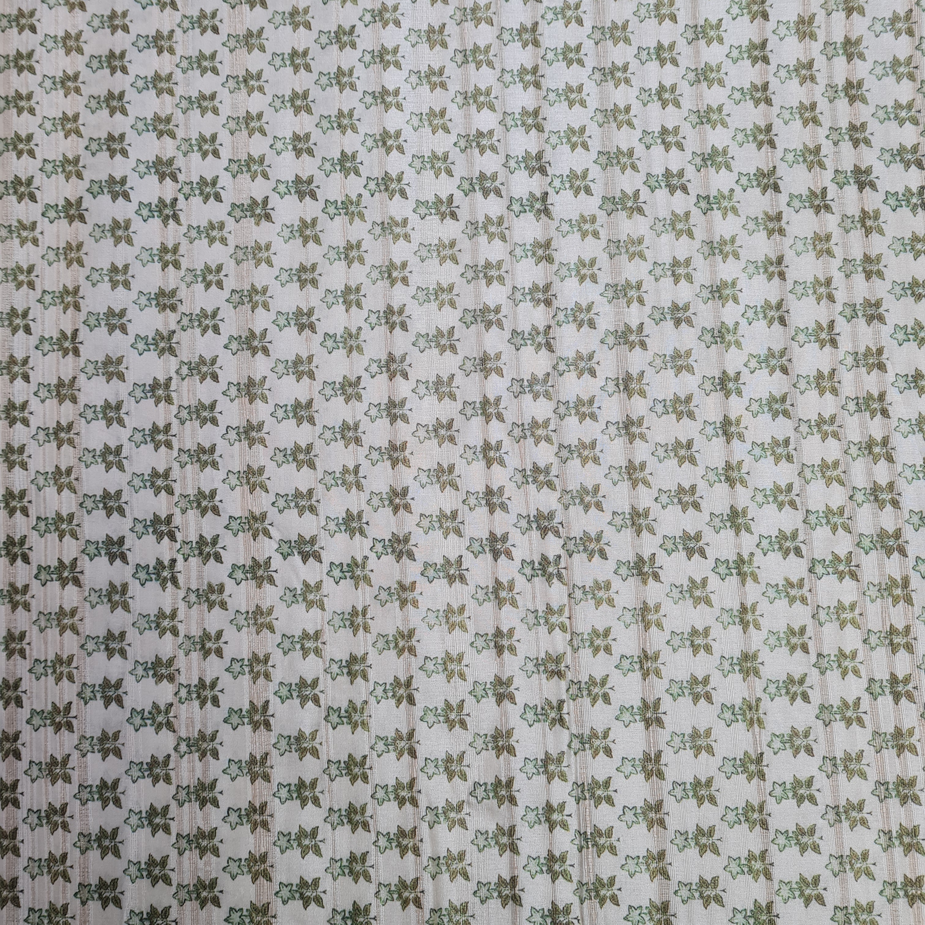 Cream With Green Floral Print Dobby Tusser Silk Fabric - Image 2