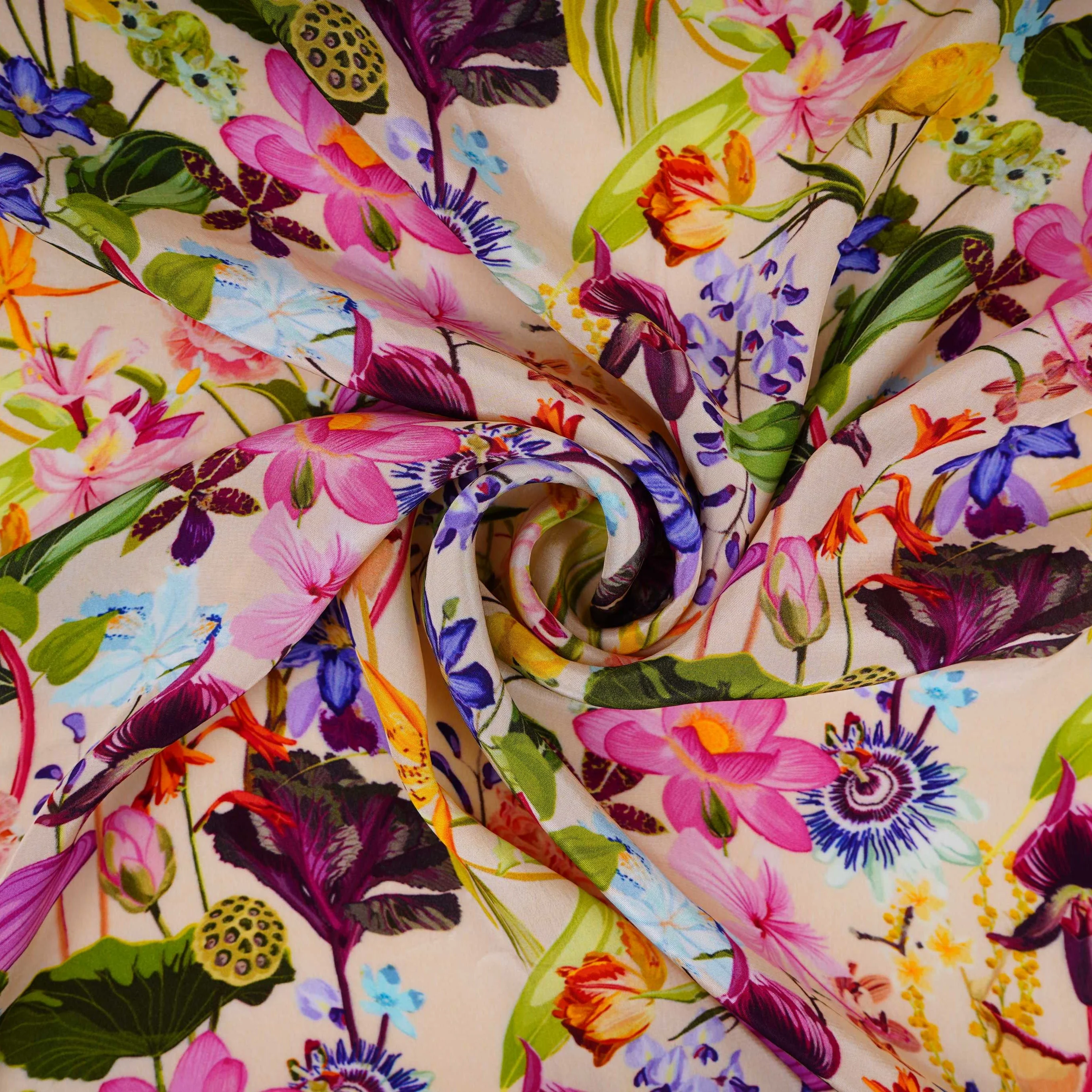 Cream with Multicolor floral print Crepe Fabric NVC-31833 - Image 3