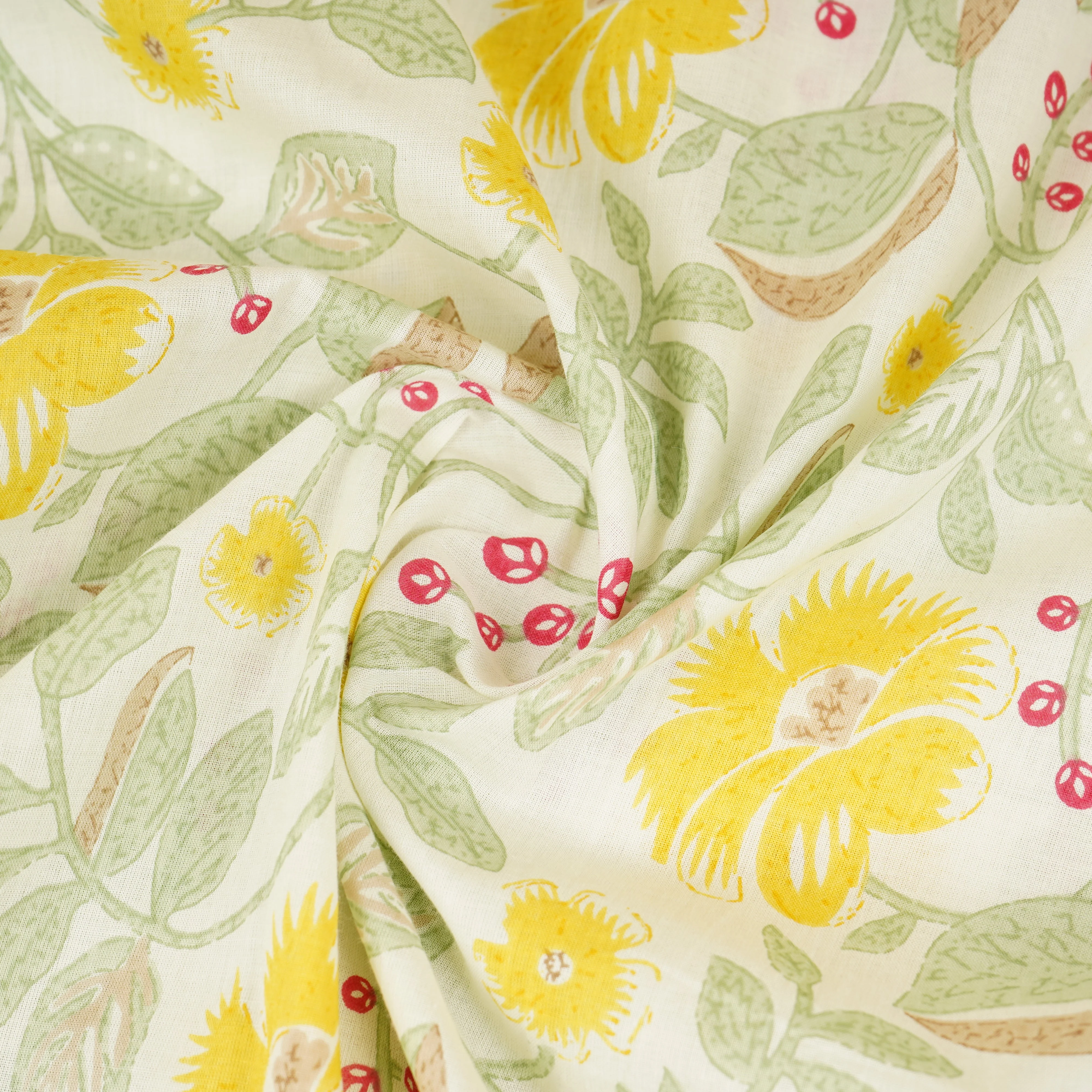 Cream with Yellow Floral Print Cotton Fabric MFR-29925 - Image 3