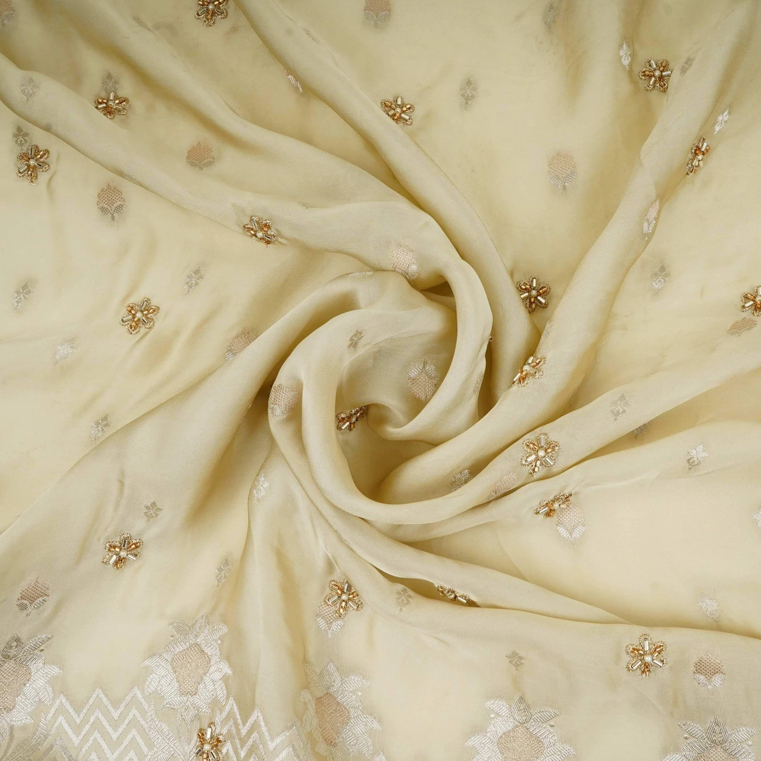 Cream Zari cutdana embroidery Satin Silk Fabric TF-31122 - Image 4