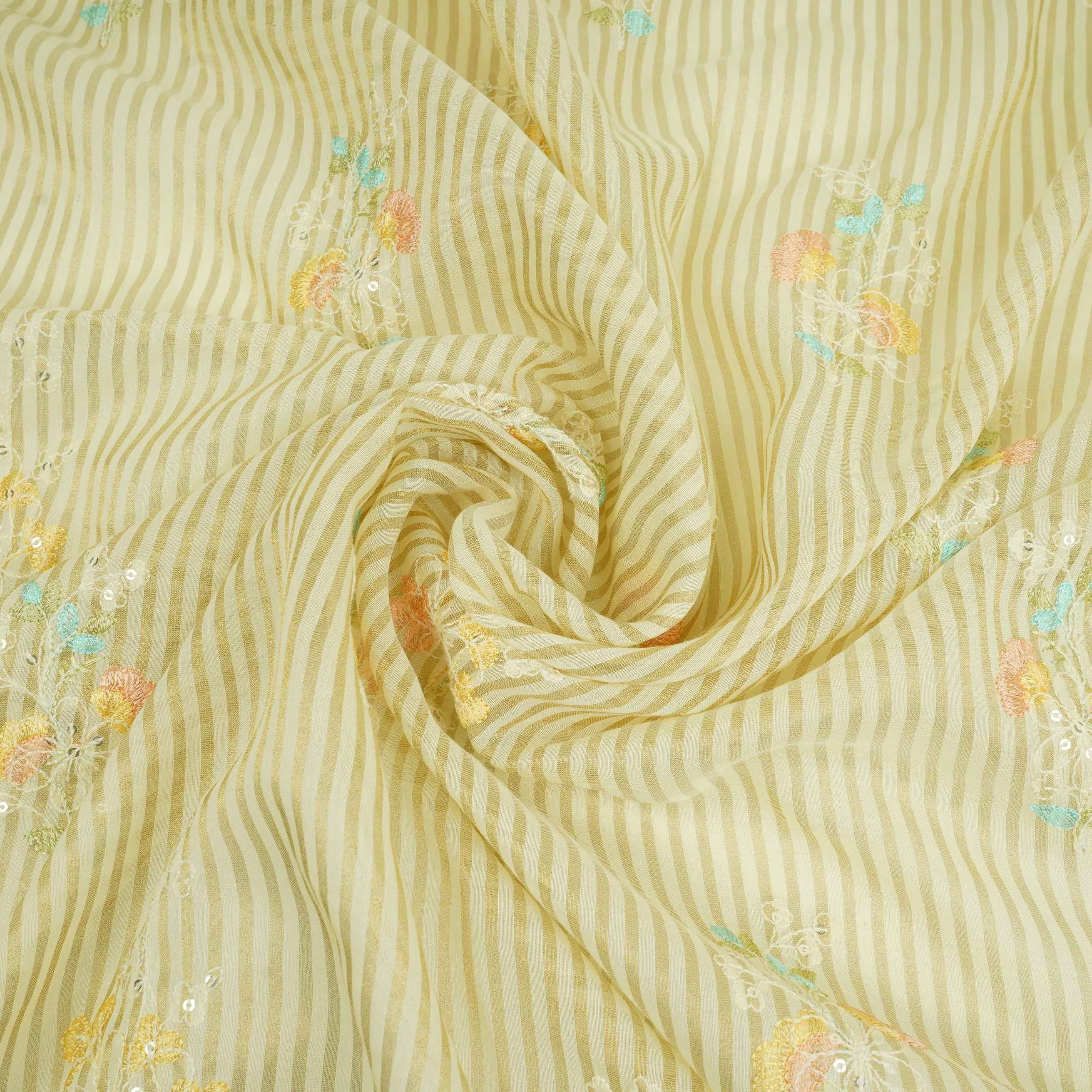 Cream Zari Stripes floral thread embroidery Malai Chanderi Fabric VFS-31541 - Image 3
