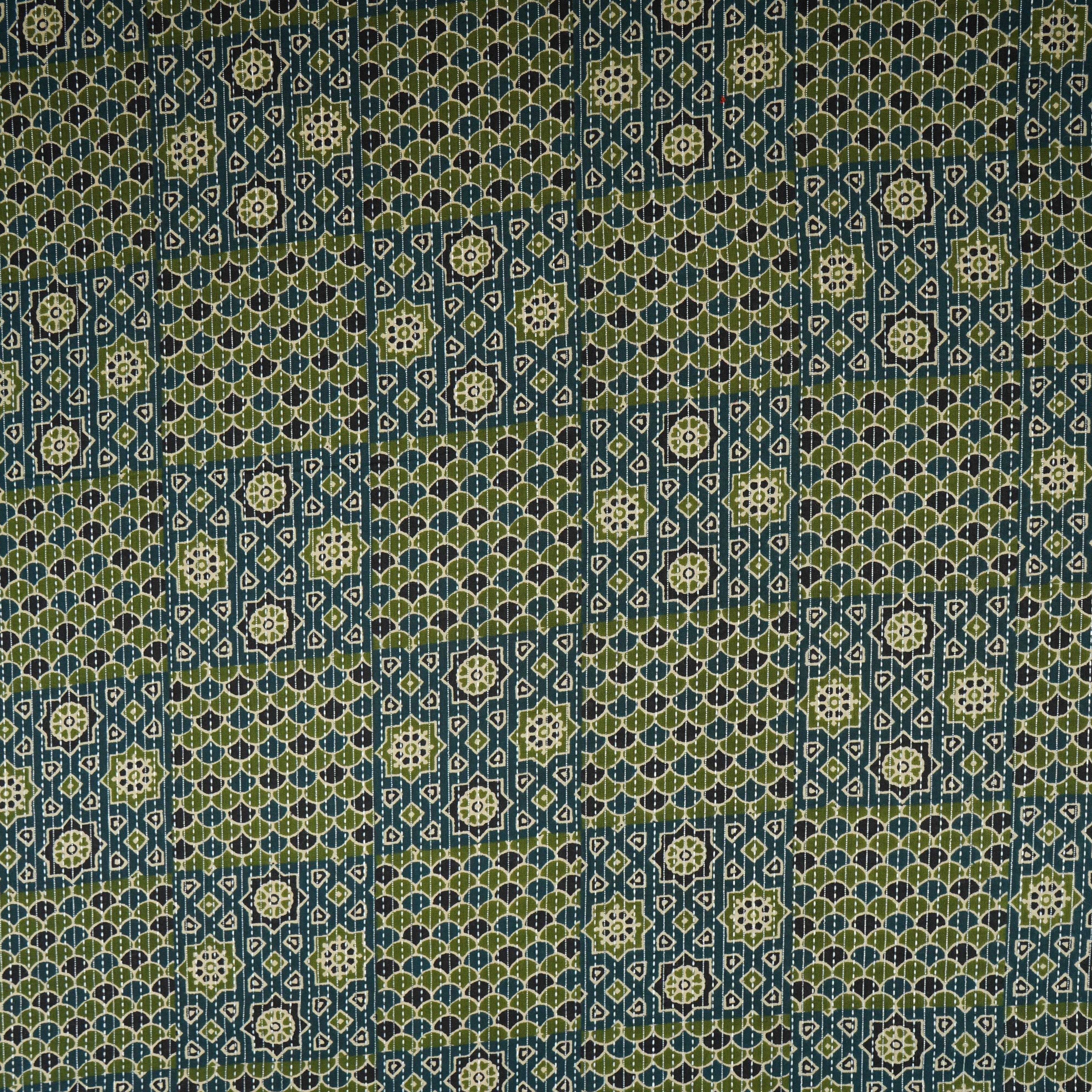 Dark Blue Ajrakh with Kantha Print Cotton Fabric OG-30297 - Image 2