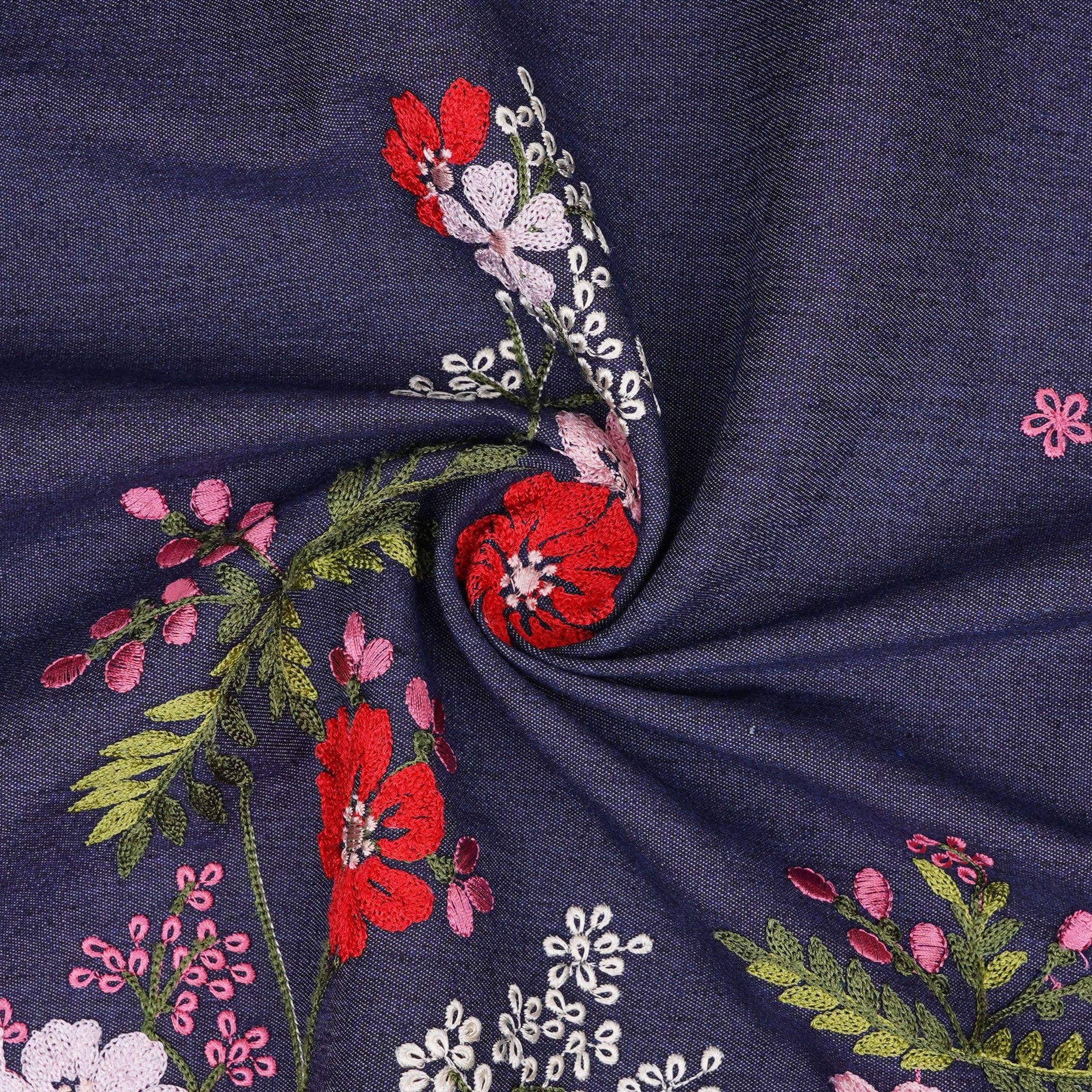 Dark Blue Floral Thread Embroidery Denim Fabric GPF-32329 - Image 4