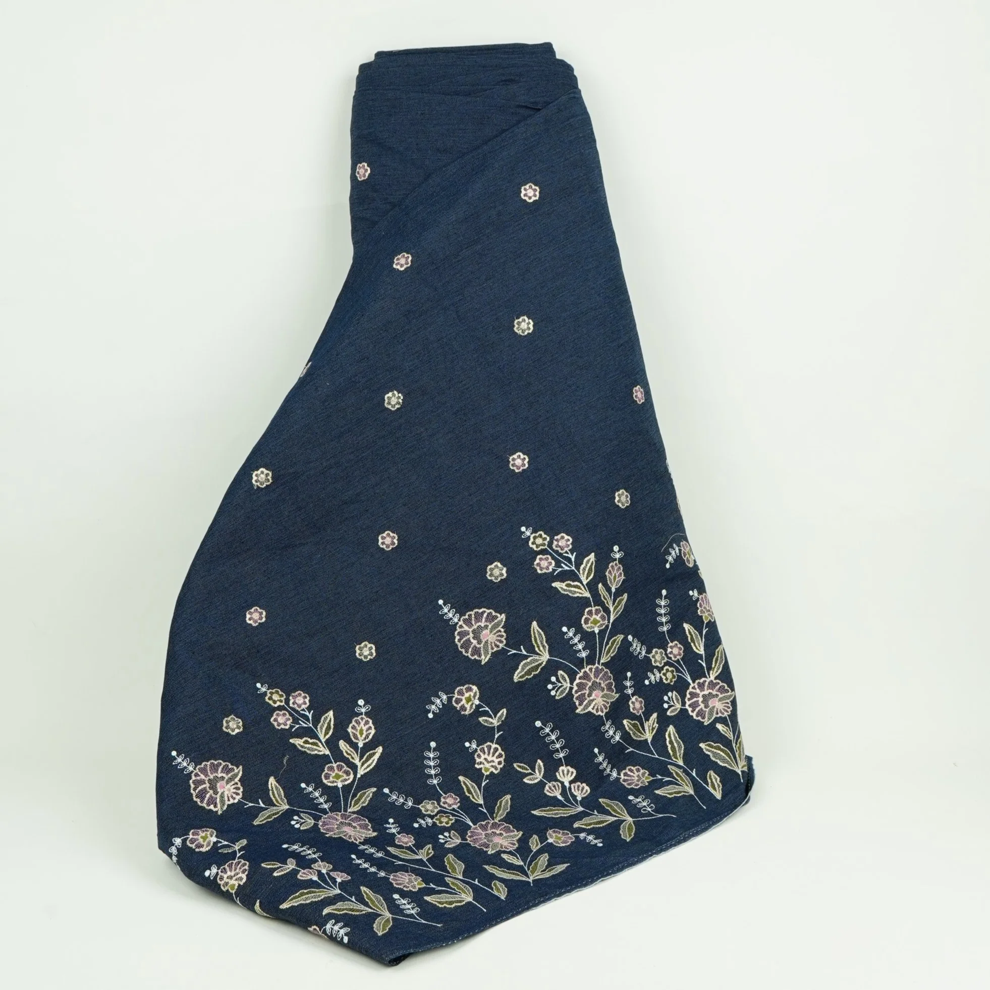 Dark Blue Floral Thread Embroidery Denim Fabric GPF-32686