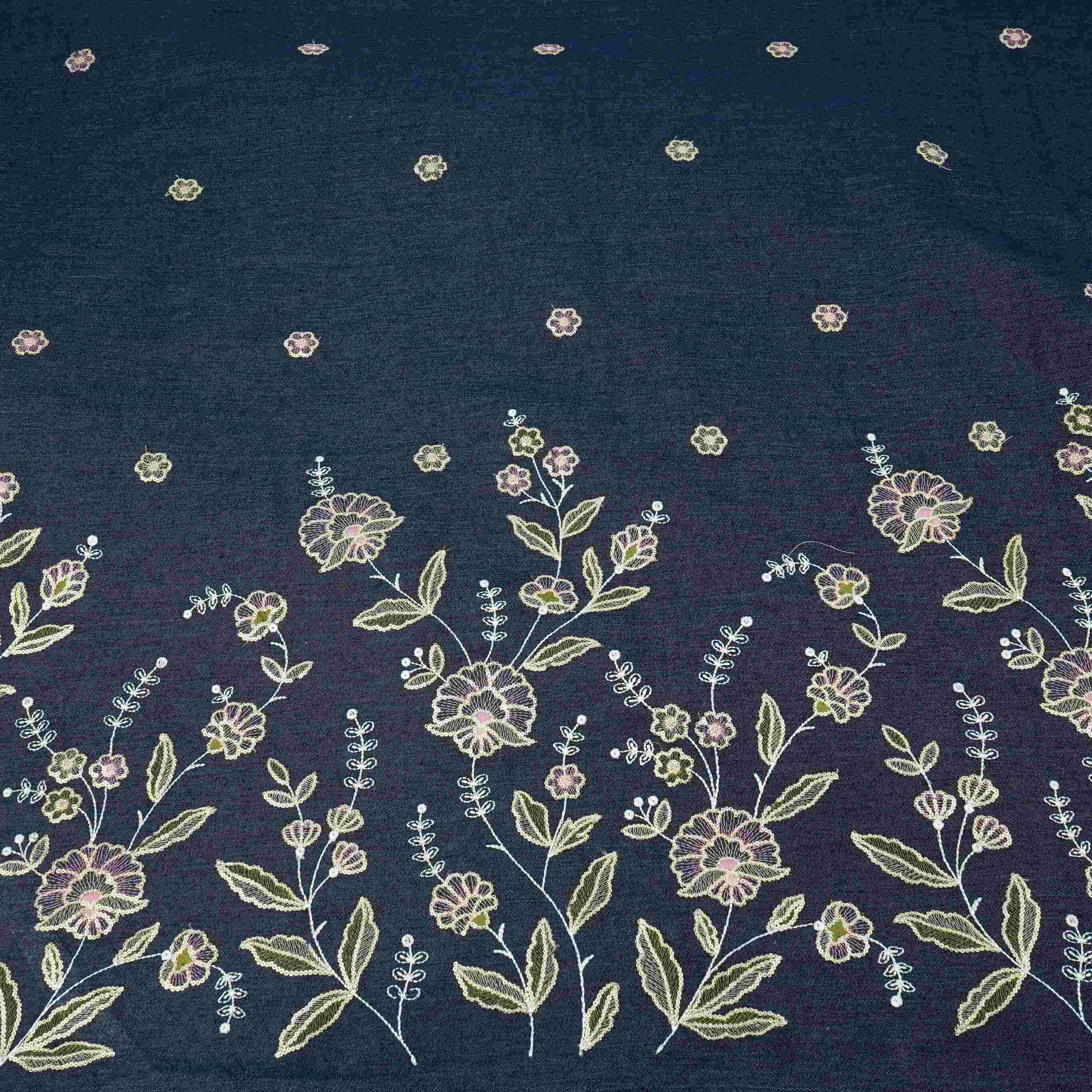 Dark Blue Floral Thread Embroidery Denim Fabric GPF-32686 - Image 2