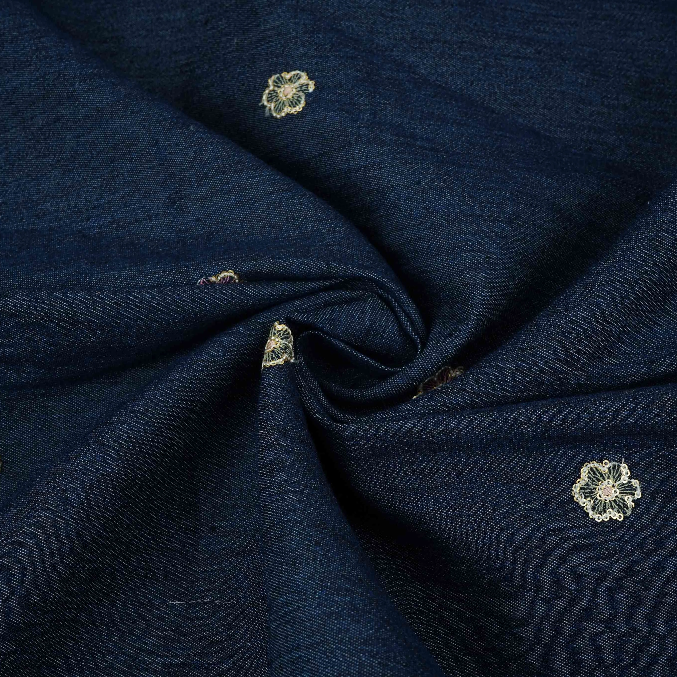 Dark Blue Floral Thread Embroidery Denim Fabric GPF-32686 - Image 3