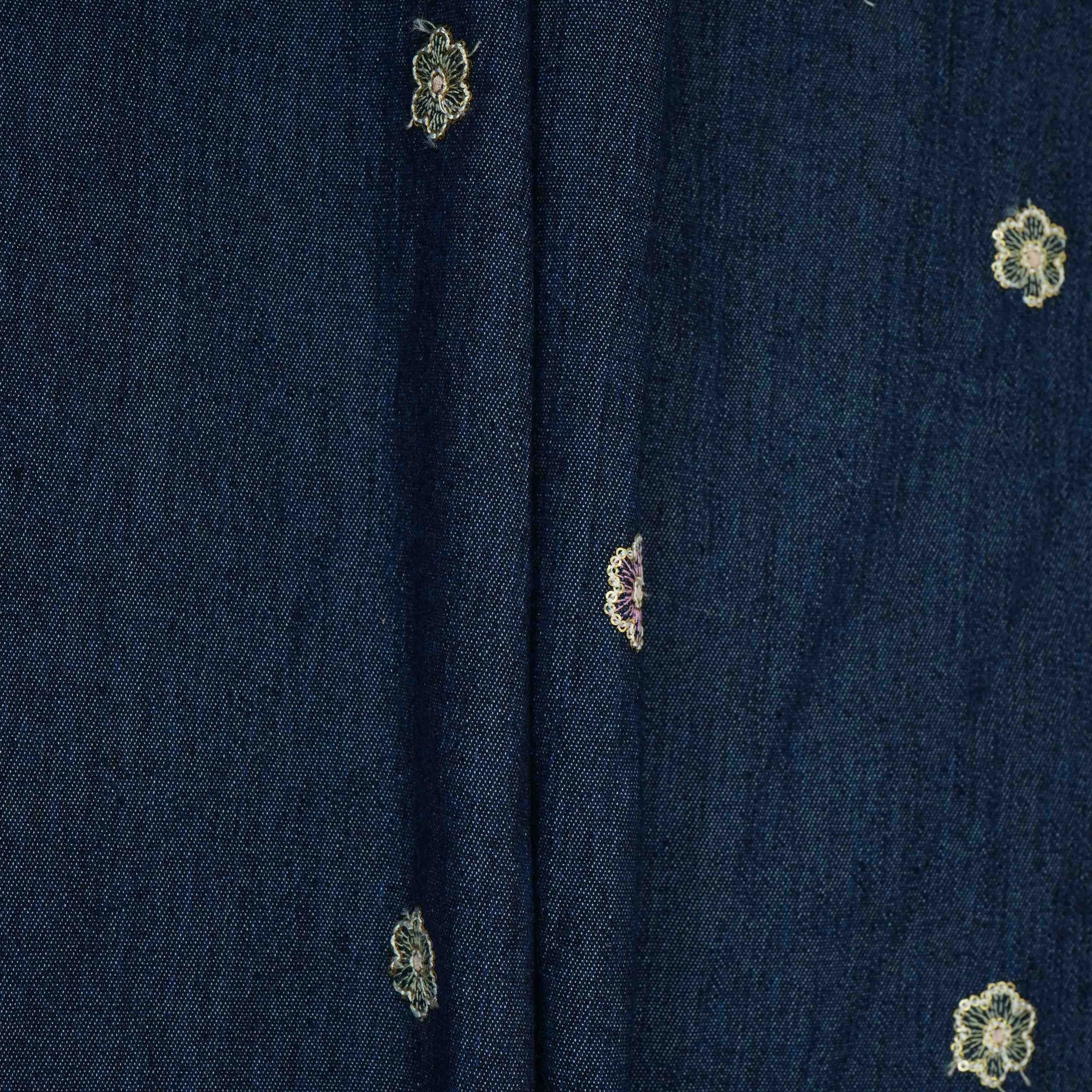 Dark Blue Floral Thread Embroidery Denim Fabric GPF-32686 - Image 4