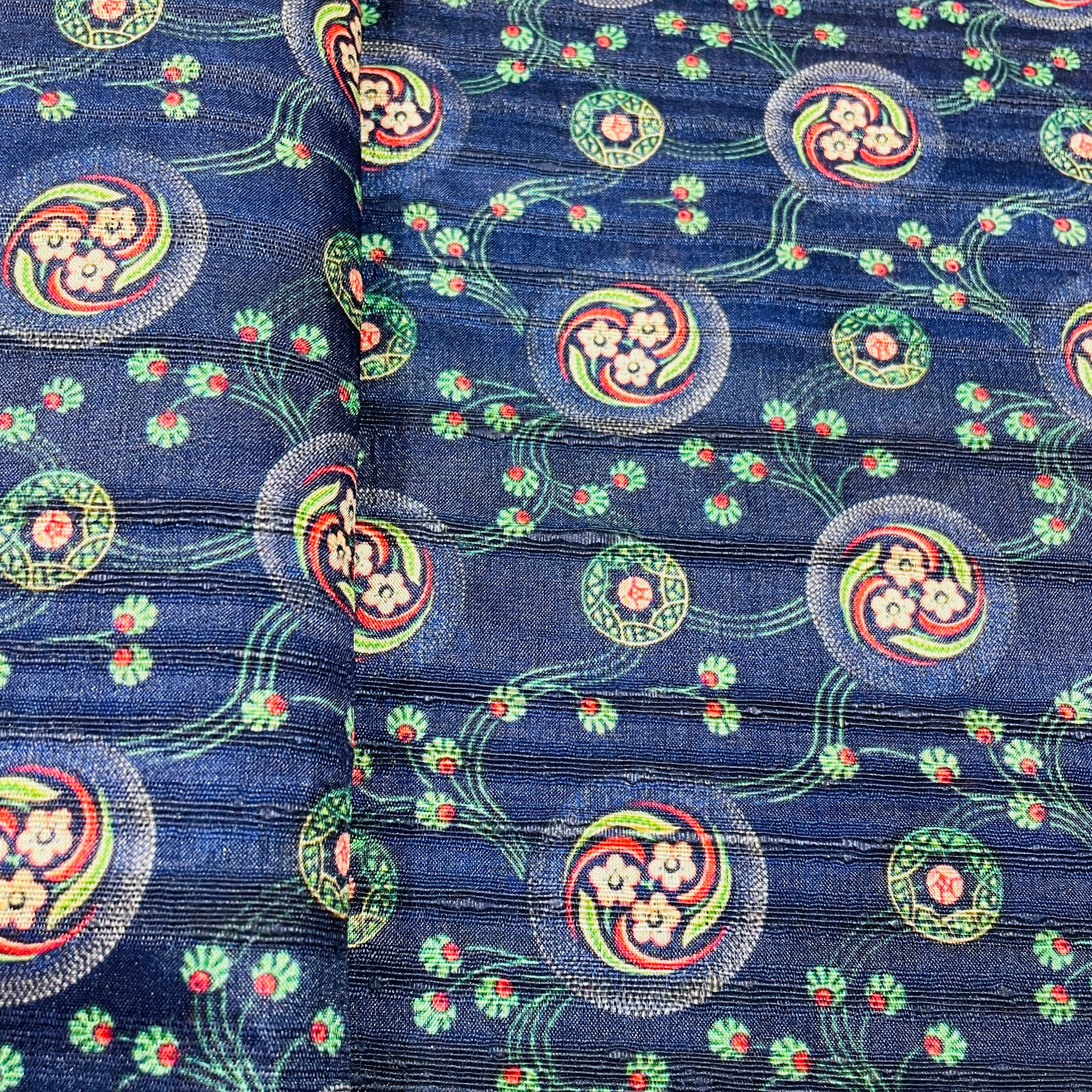 Dark Blue & Multicolor Floral Print Tusser Silk Fabric - Image 3