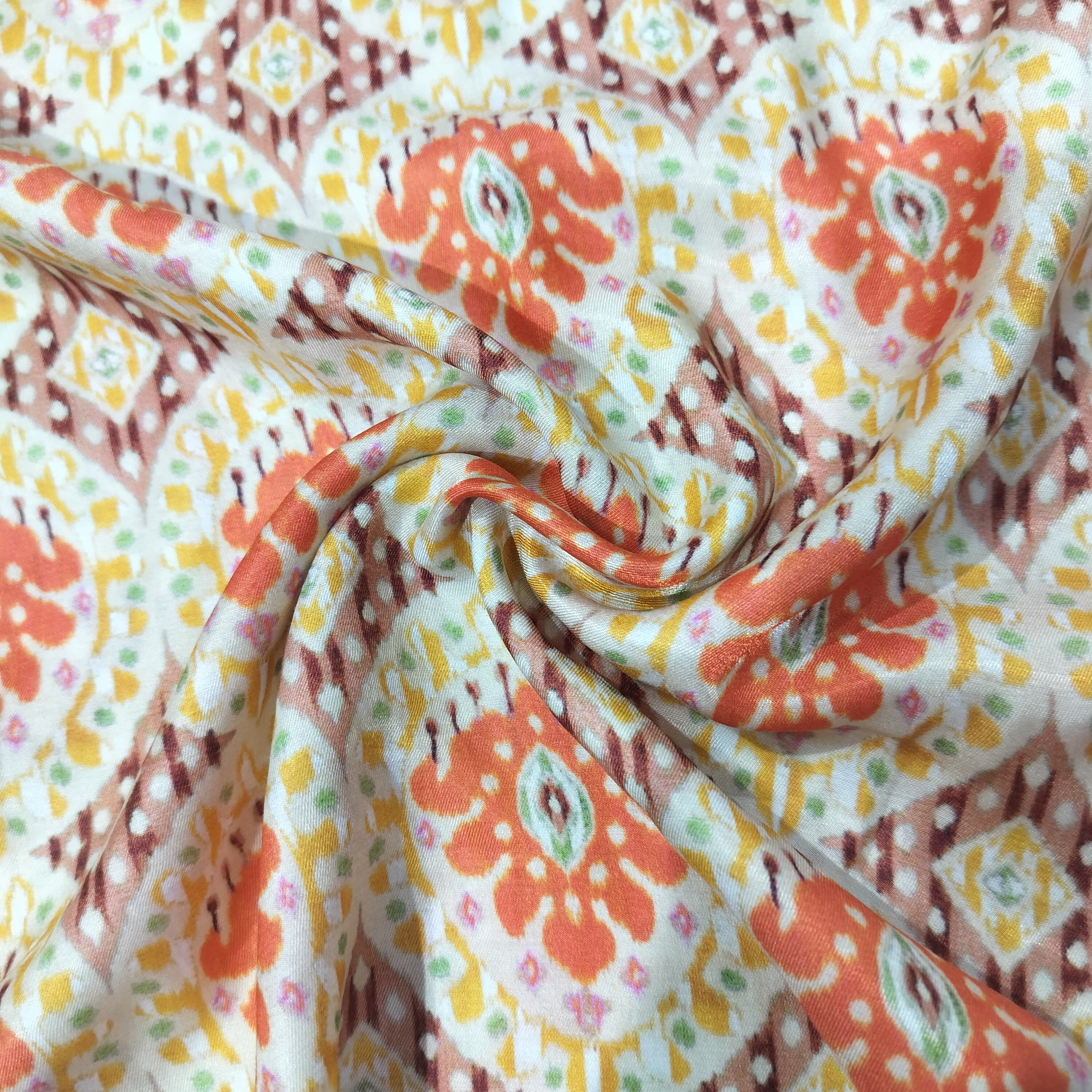 Dark Cream Multicolor Ikkat Print Bemberg Gajji Silk Fabric 15559