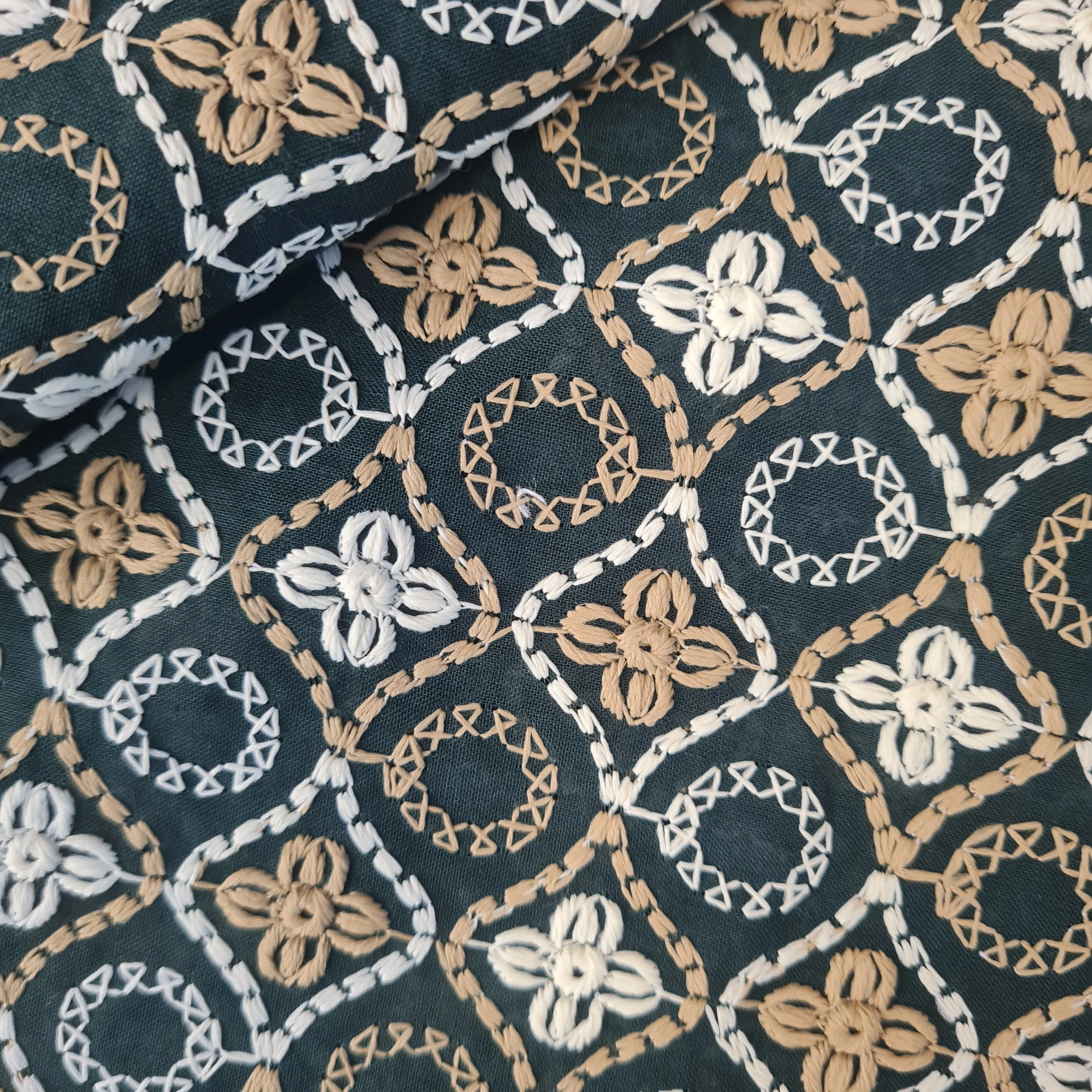 Dark Green Embroidery Cotton Fabric 18003 - Image 2