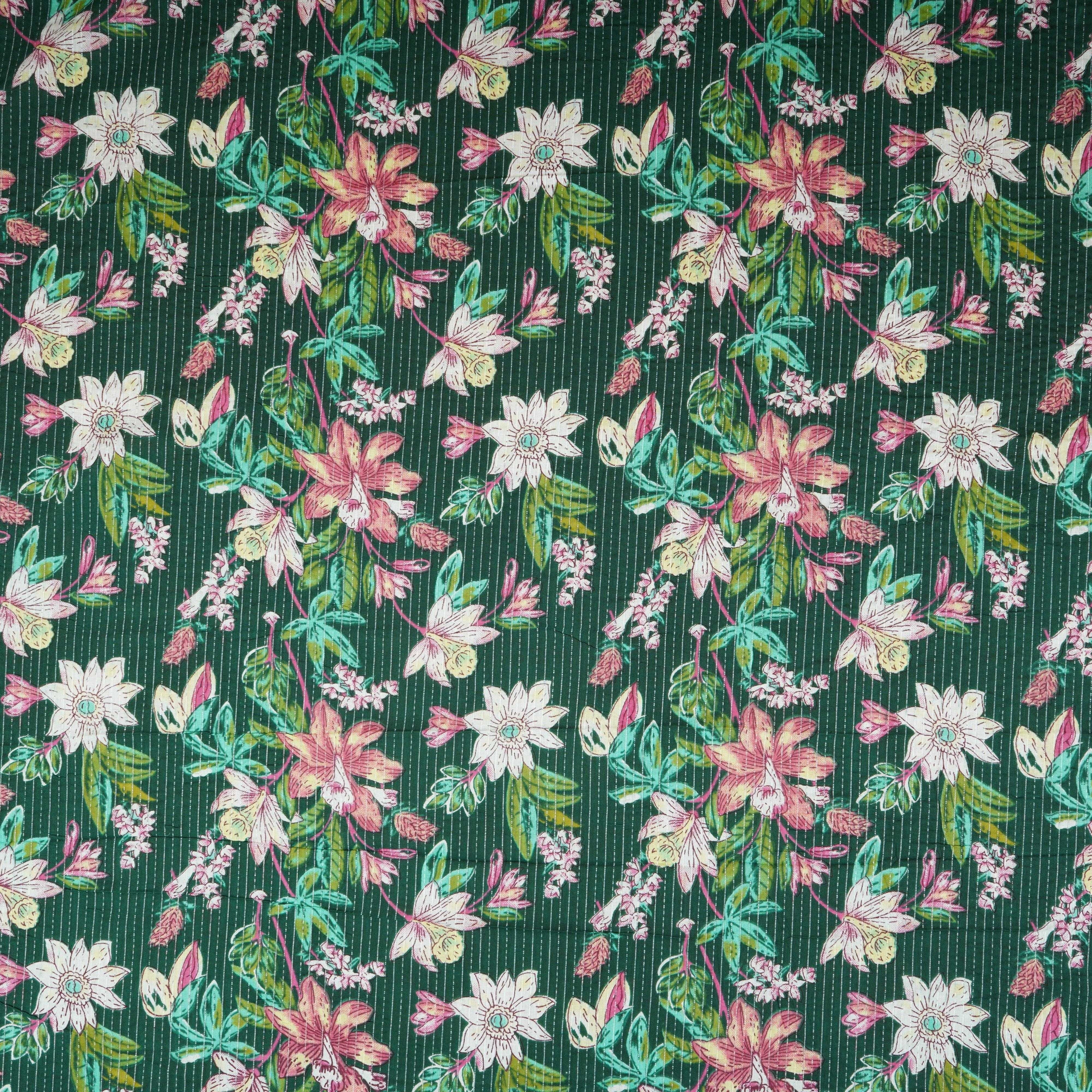 Dark Green Floral Kantha Print Cotton Fabric OG-30291 - Image 2