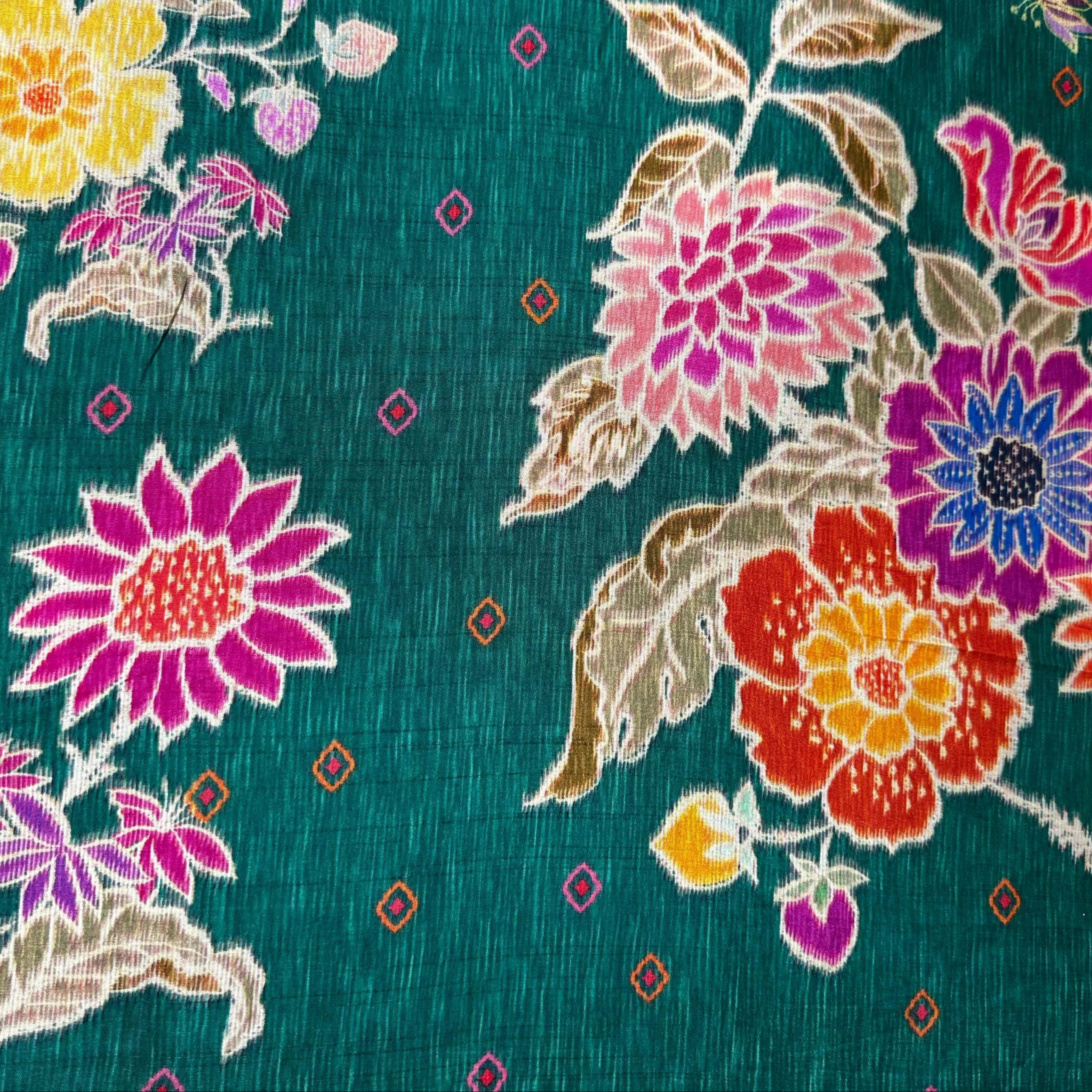 Dark Green Floral Print Tusser Silk Fabric 20359 - Image 2