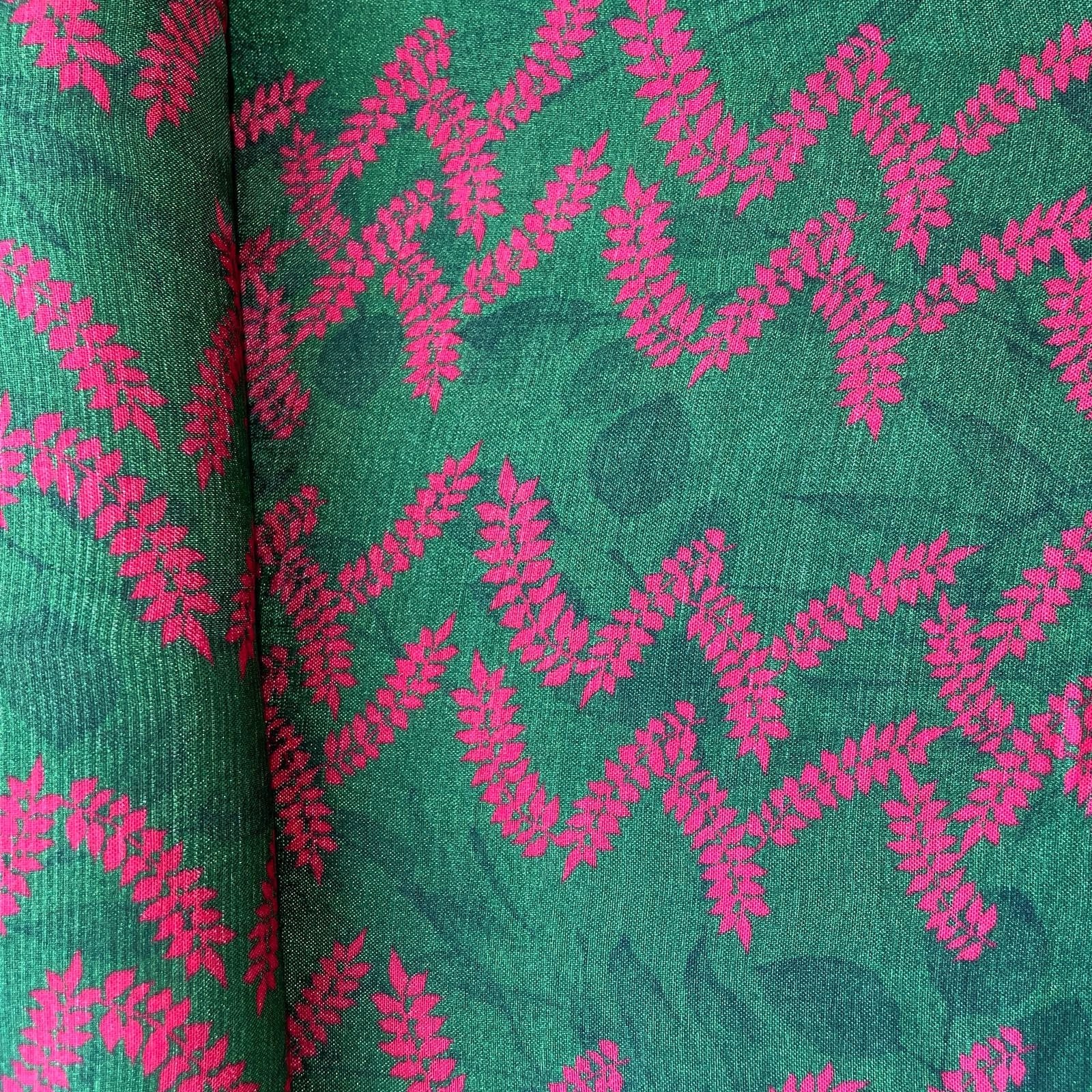Dark Green Floral Print Upada Silk Fabric 21075 - Image 3