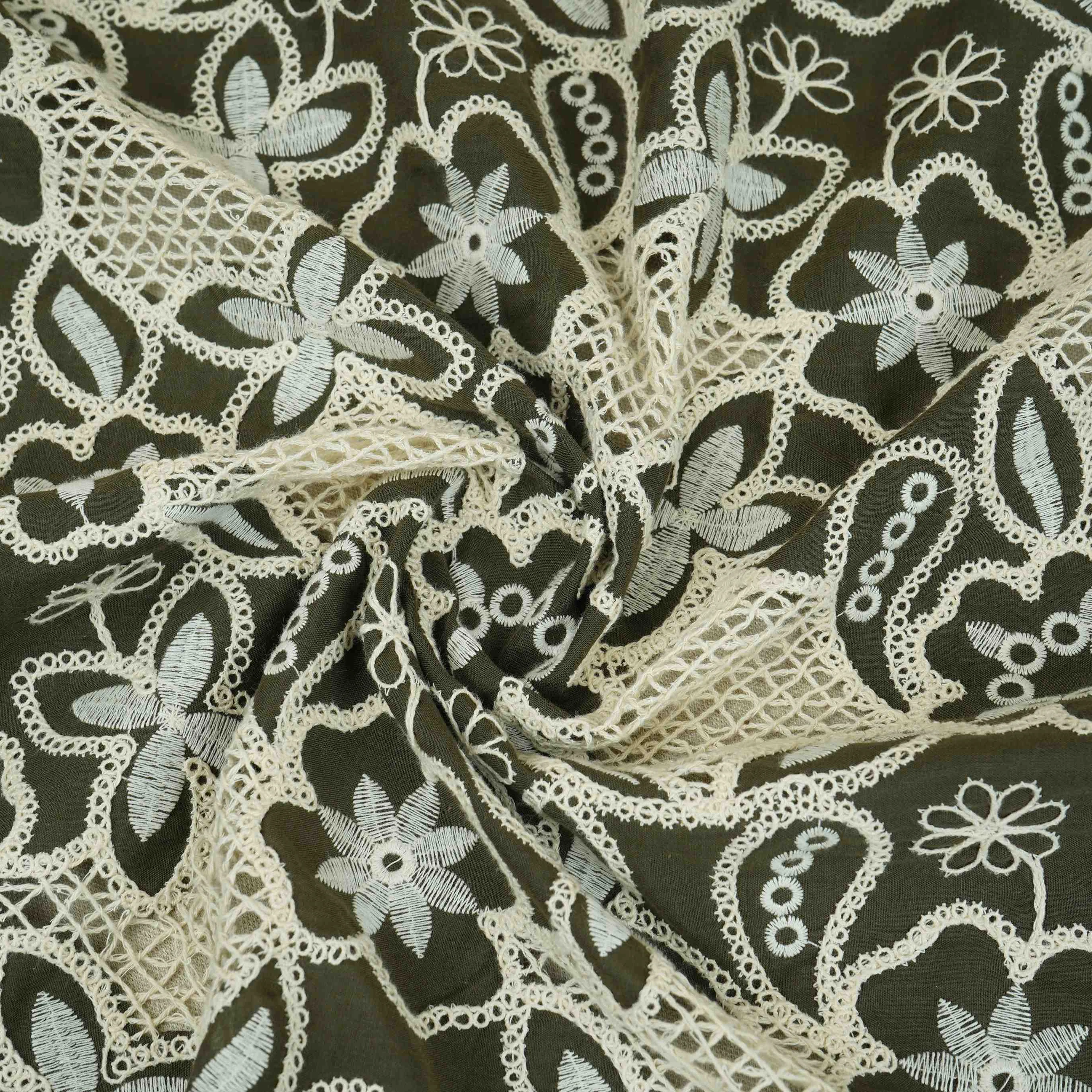 Dark Green Floral Schiffli Embroidery Cotton Fabric DVT-30568
