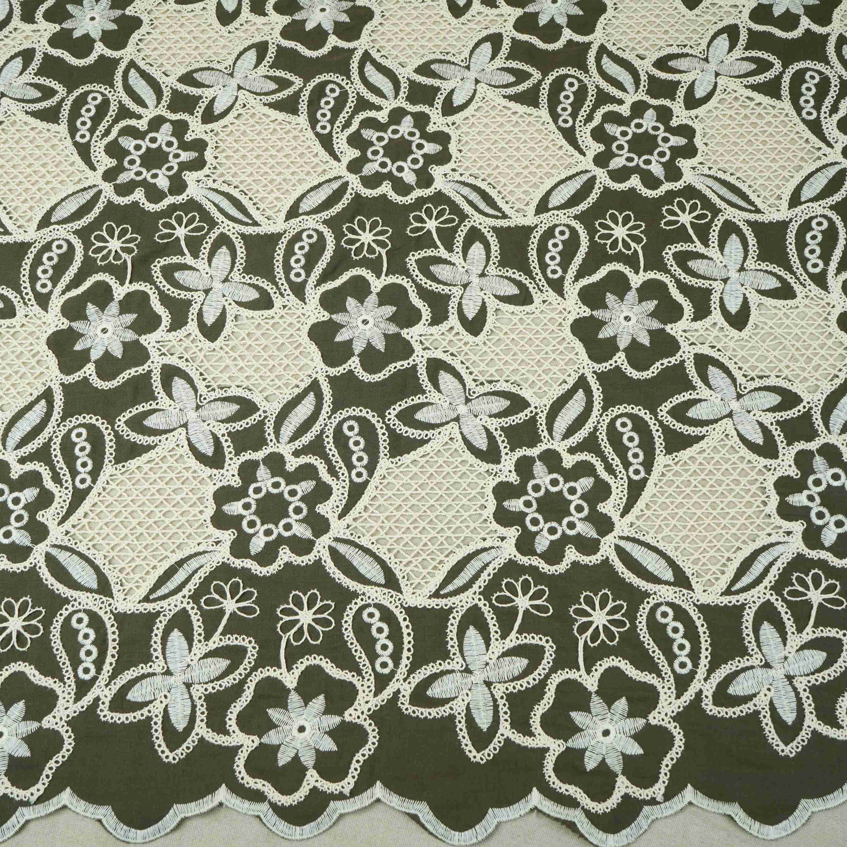 Dark Green Floral Schiffli Embroidery Cotton Fabric DVT-30568 - Image 2