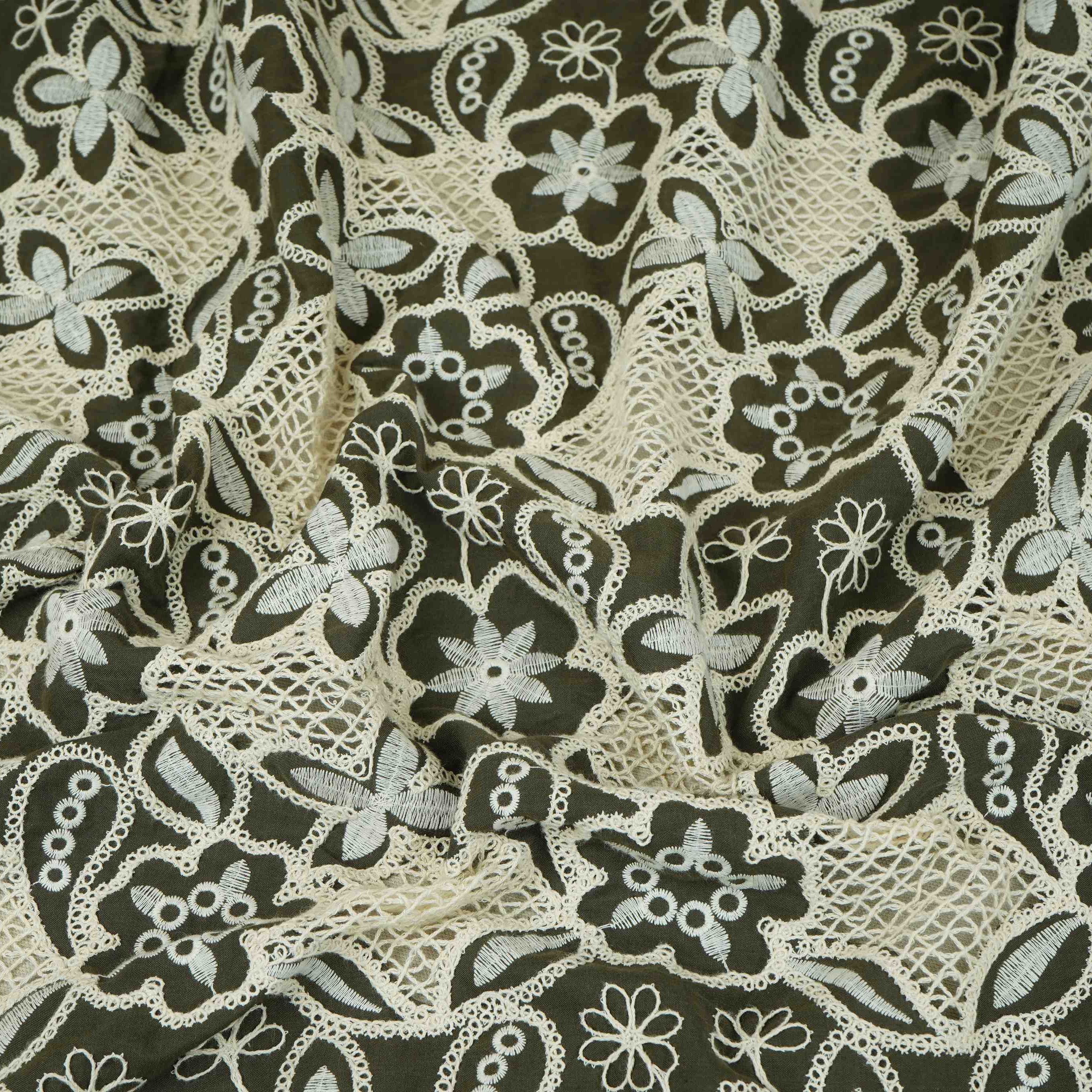 Dark Green Floral Schiffli Embroidery Cotton Fabric DVT-30568 - Image 3