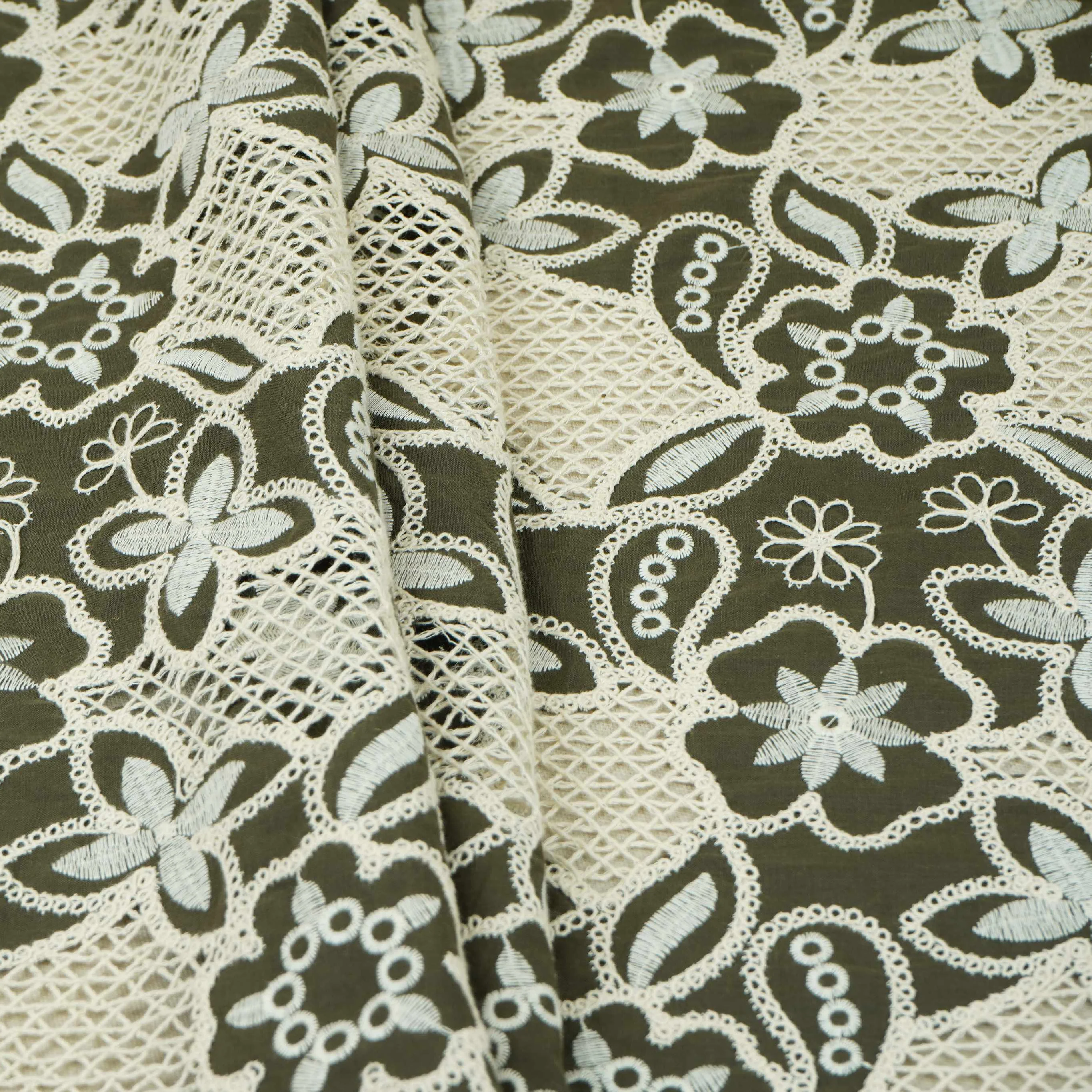 Dark Green Floral Schiffli Embroidery Cotton Fabric DVT-30568 - Image 4