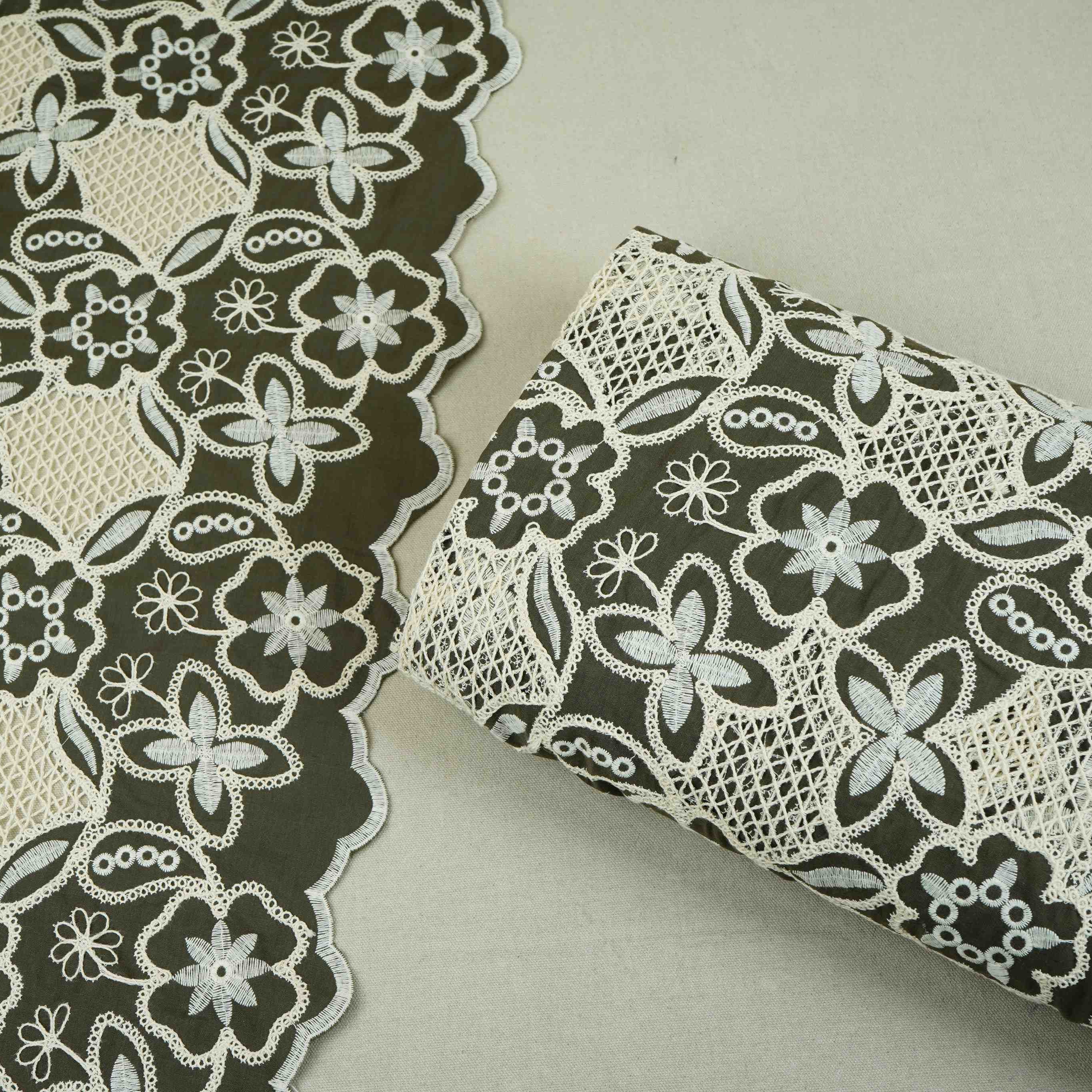 Dark Green Floral Schiffli Embroidery Cotton Fabric DVT-30568 - Image 5