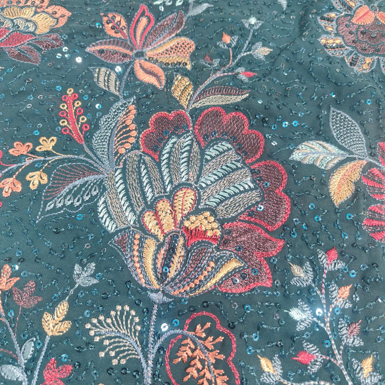 Dark Green Floral Thread Embroidery Georgette Fabric DR-28028 - Image 2