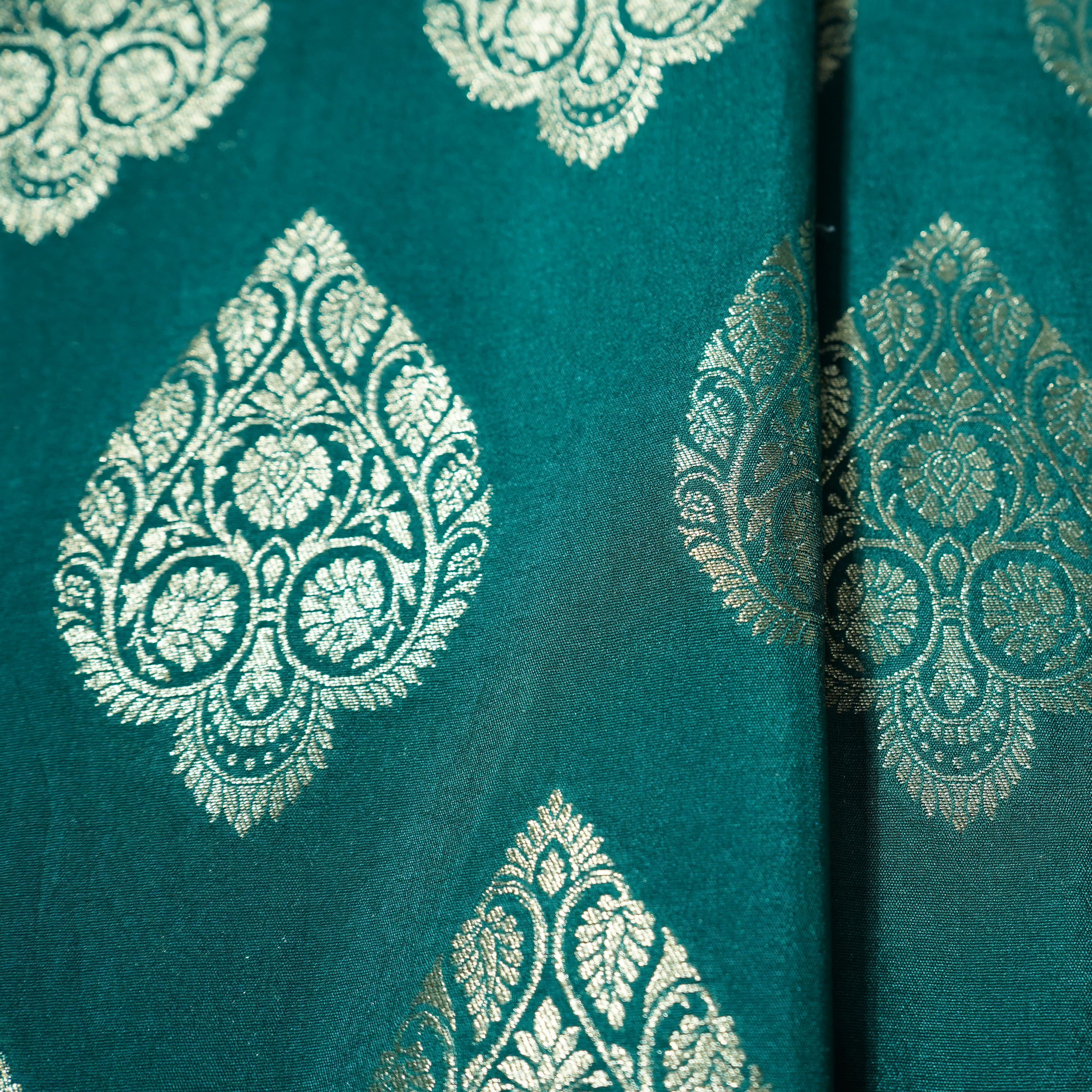 Dark Green Golden Zari Kattan Silk Fabric 21869 - Image 2