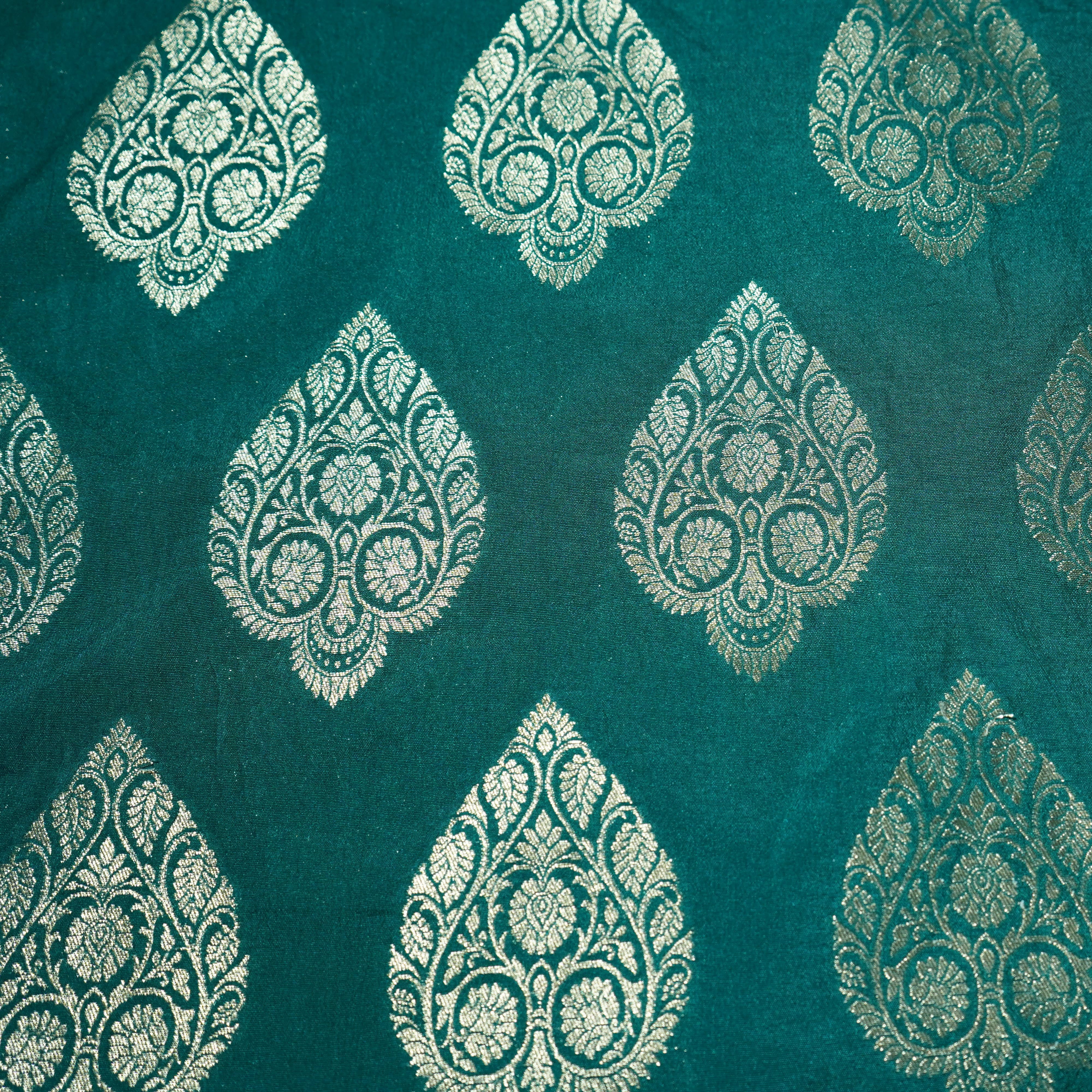 Dark Green Golden Zari Kattan Silk Fabric 21869 - Image 3
