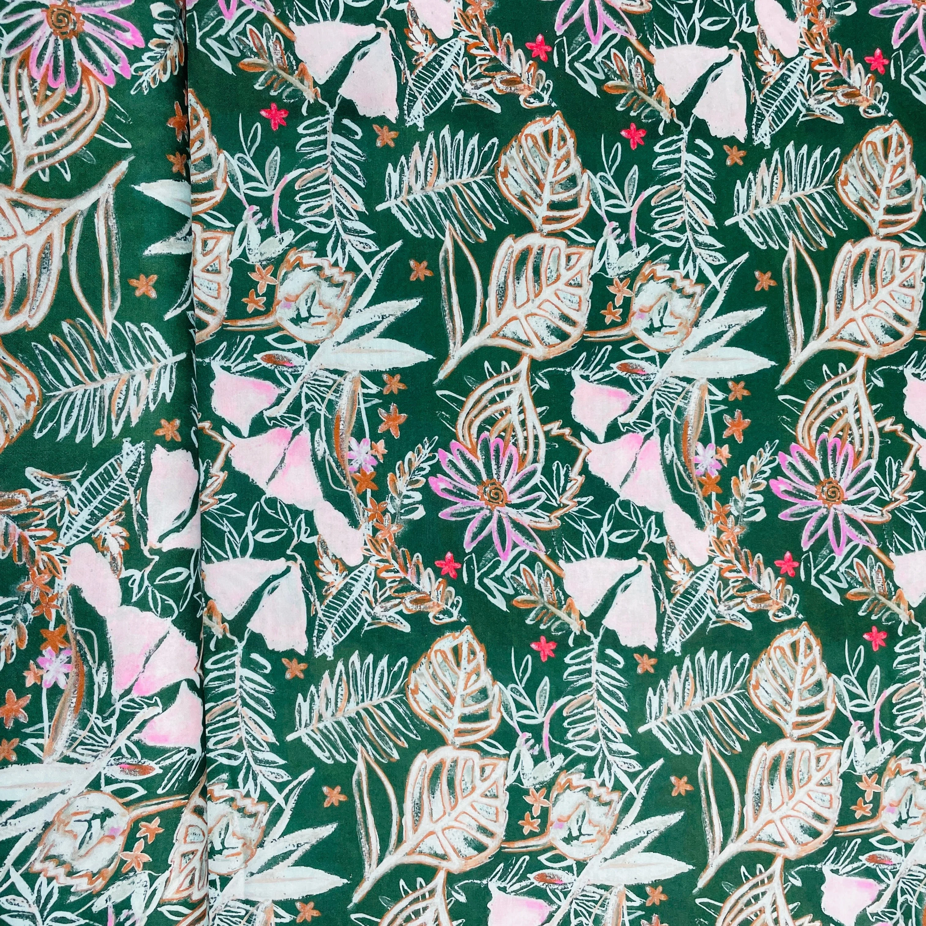 Dark Green & Pink Floral Print Modal Satin Fabric - Image 3
