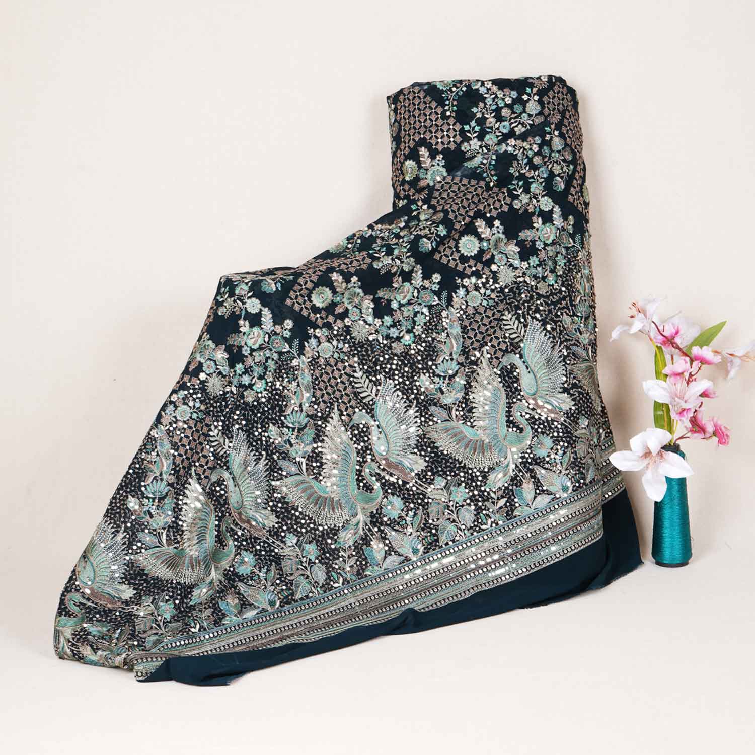 Dark Green Parsi Gara Embroidery Georgette Fabric DR-28030