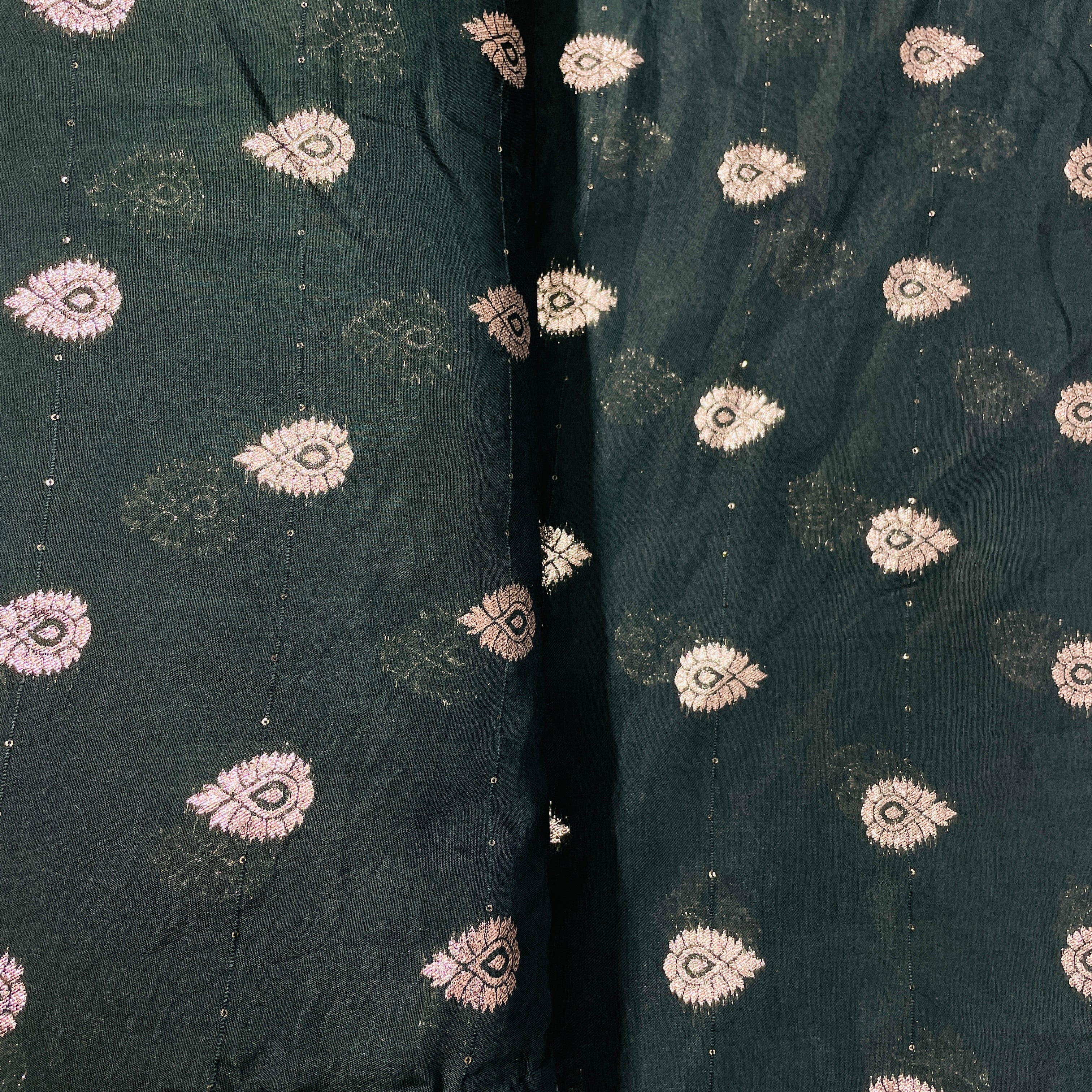 Dark Green Traditional Zari Embroidery Sequins Chanderi Fabric - Image 3